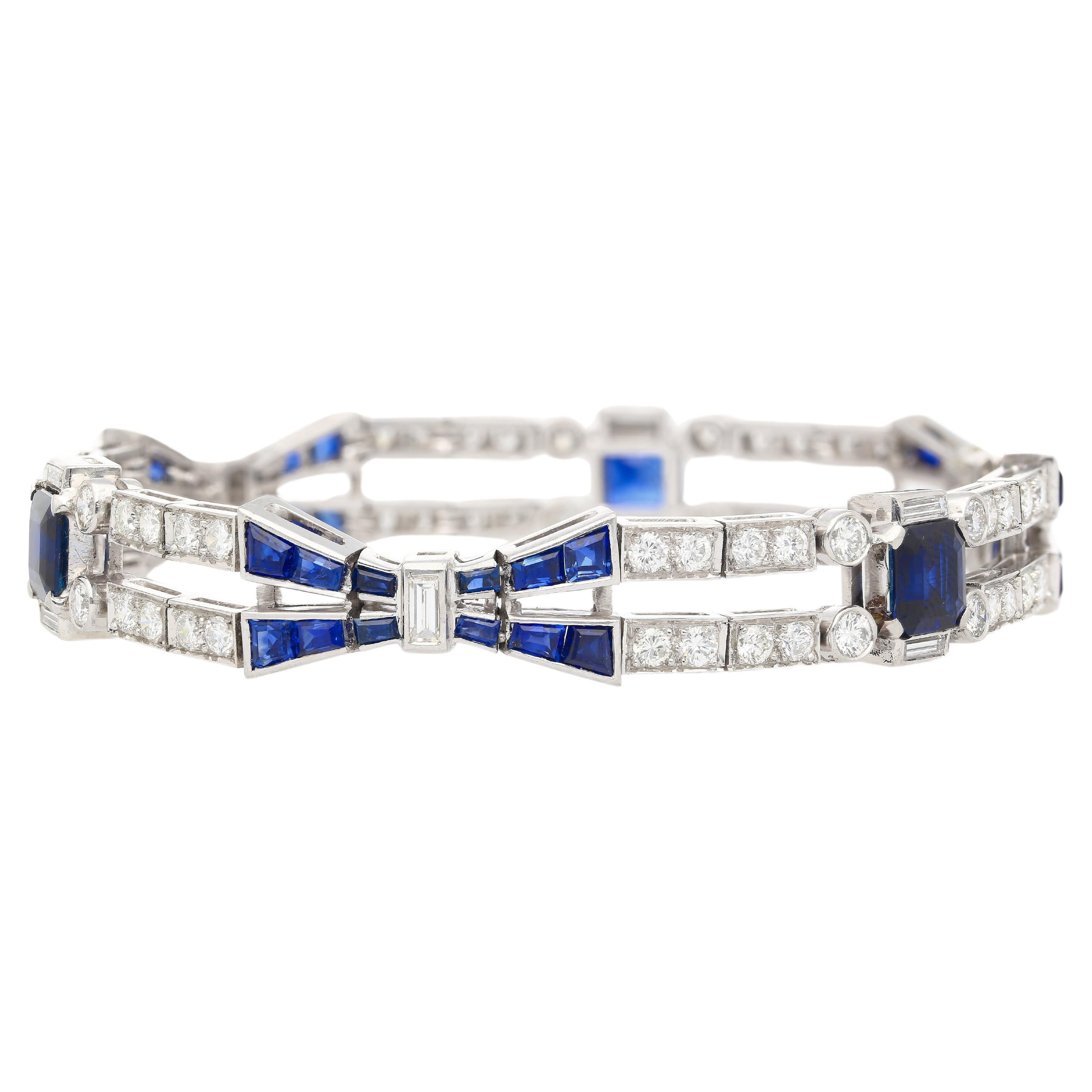 Vintage 12 Carat Blue Sapphire and Diamond Art Deco Open Bracelet in Platinum For Sale