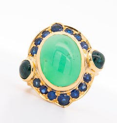 Vintage 12 Carat Cabochon Cut Chalcedony Quartz & Sapphire Ring in 14K Gold Ring