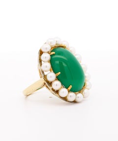 Vintage 12 Carat Chalcedony Quartz and Pearl Halo Ring in 14K Yellow Gold