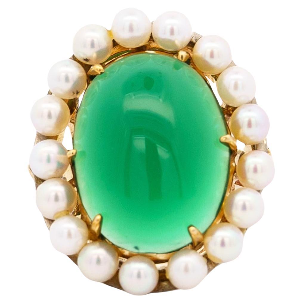 Vintage 12 Carat Chalcedony Quartz and Pearl Halo Ring in 14K Yellow Gold For Sale