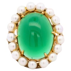 Vintage 12 Carat Chalcedony Quartz and Pearl Halo Ring in 14K Yellow Gold
