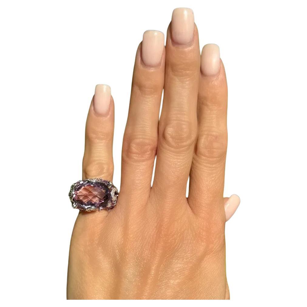 Vintage 12 Carat Checkerboard Amethyst and Diamond Gold Cocktail Ring For Sale