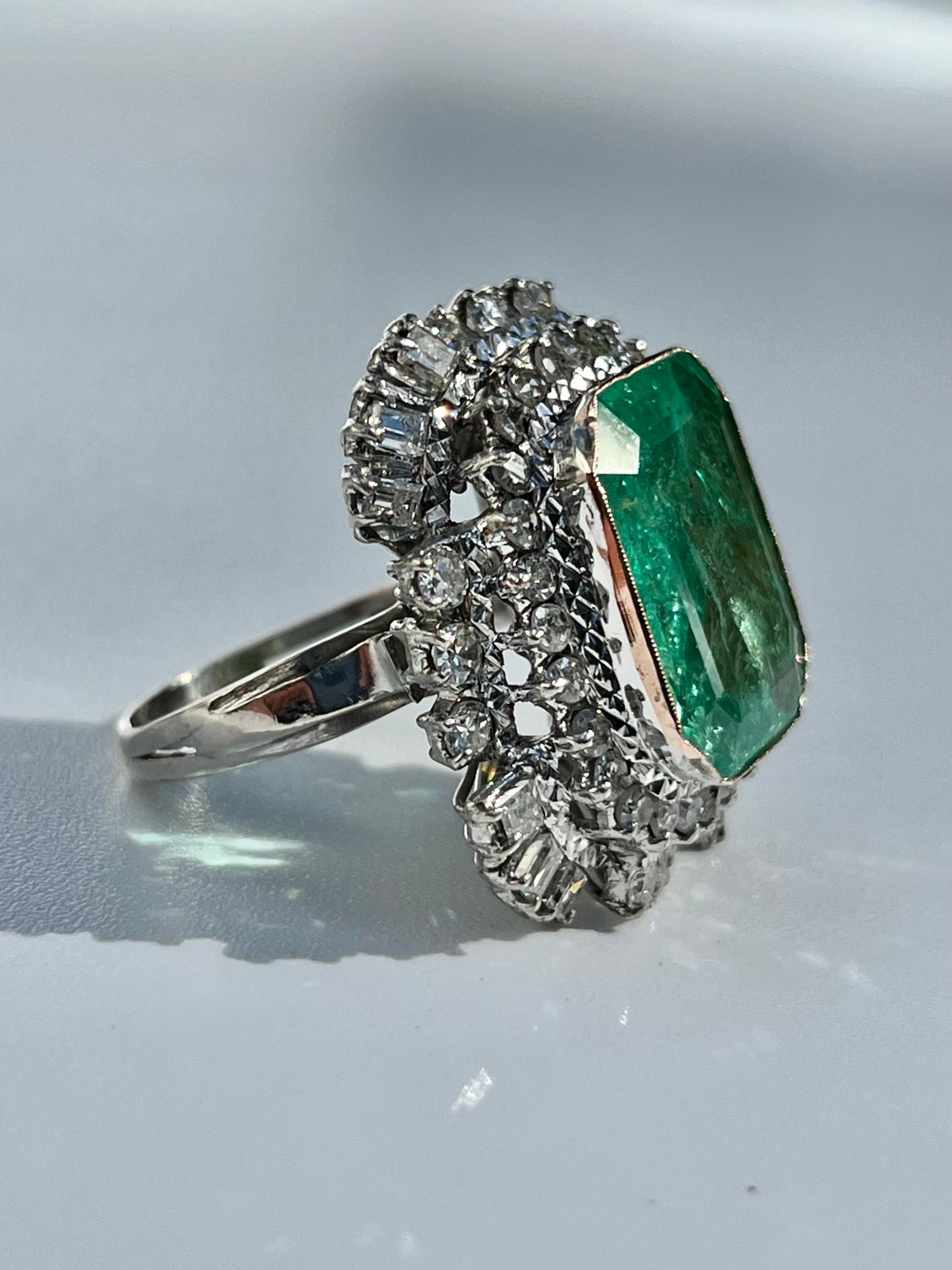 Emerald Cut Vintage 12 Carat Colombian Emerald and Diamond Halo Ring Set in Palladium For Sale