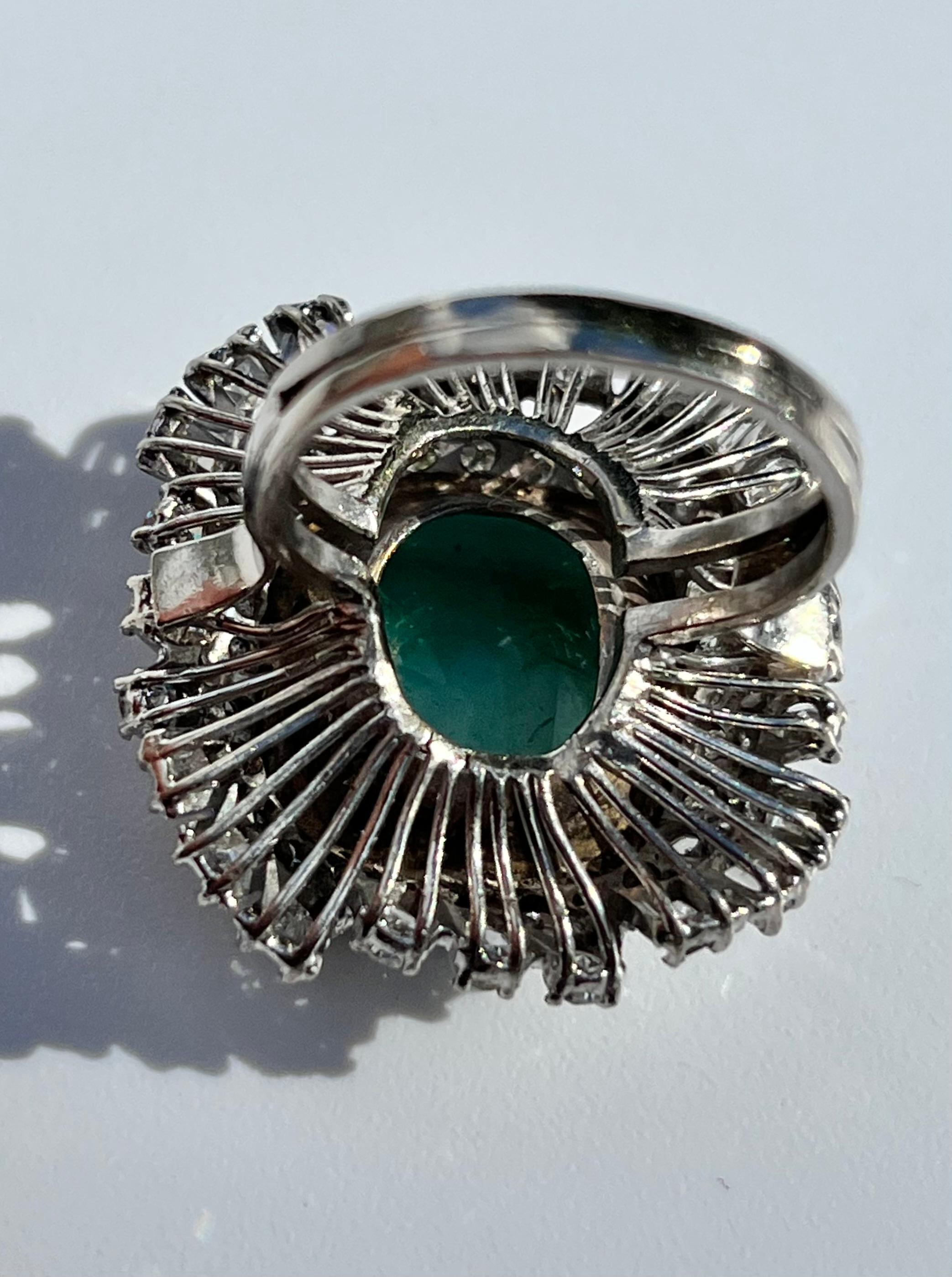 Women's Vintage 12 Carat Colombian Emerald and Diamond Halo Ring Set in Palladium For Sale