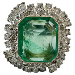 Vintage 12 Carat Colombian Emerald and Diamond Halo Ring Set in Palladium