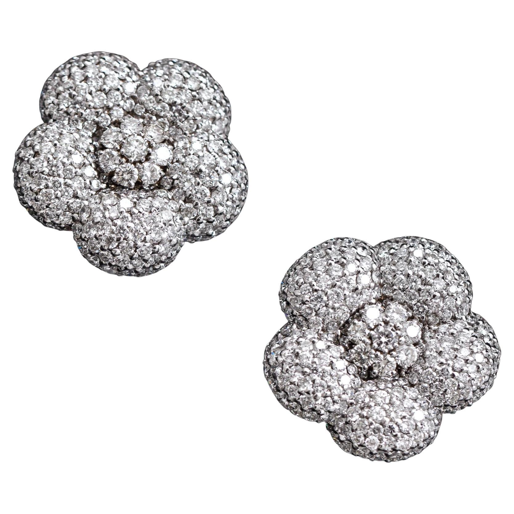 Vintage 12 Carat Diamond Flower Floral Earrings White Gold Portuguese 1990s For Sale