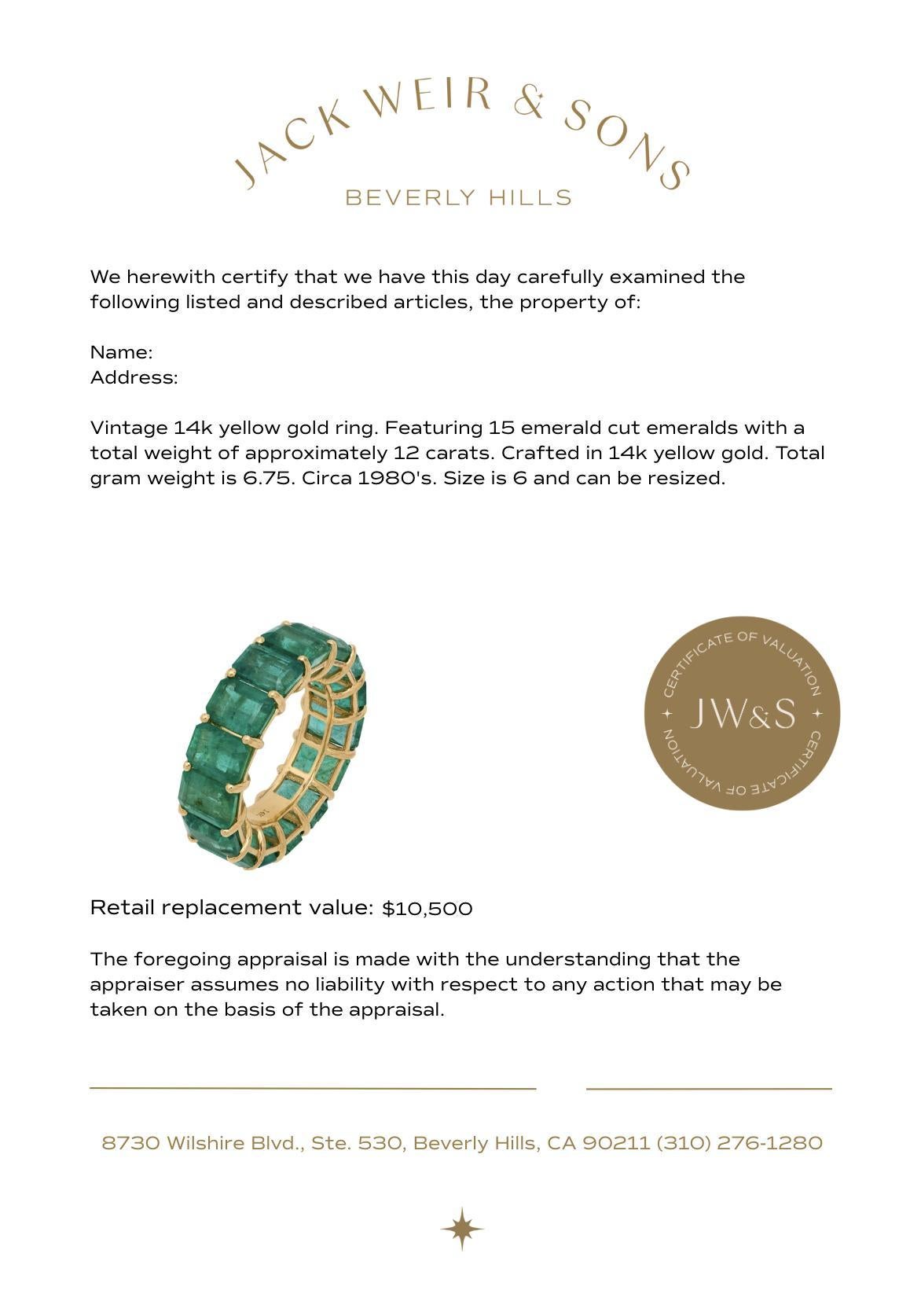 Vintage 12 carat emerald 14k yellow gold eternity band Pour femmes en vente