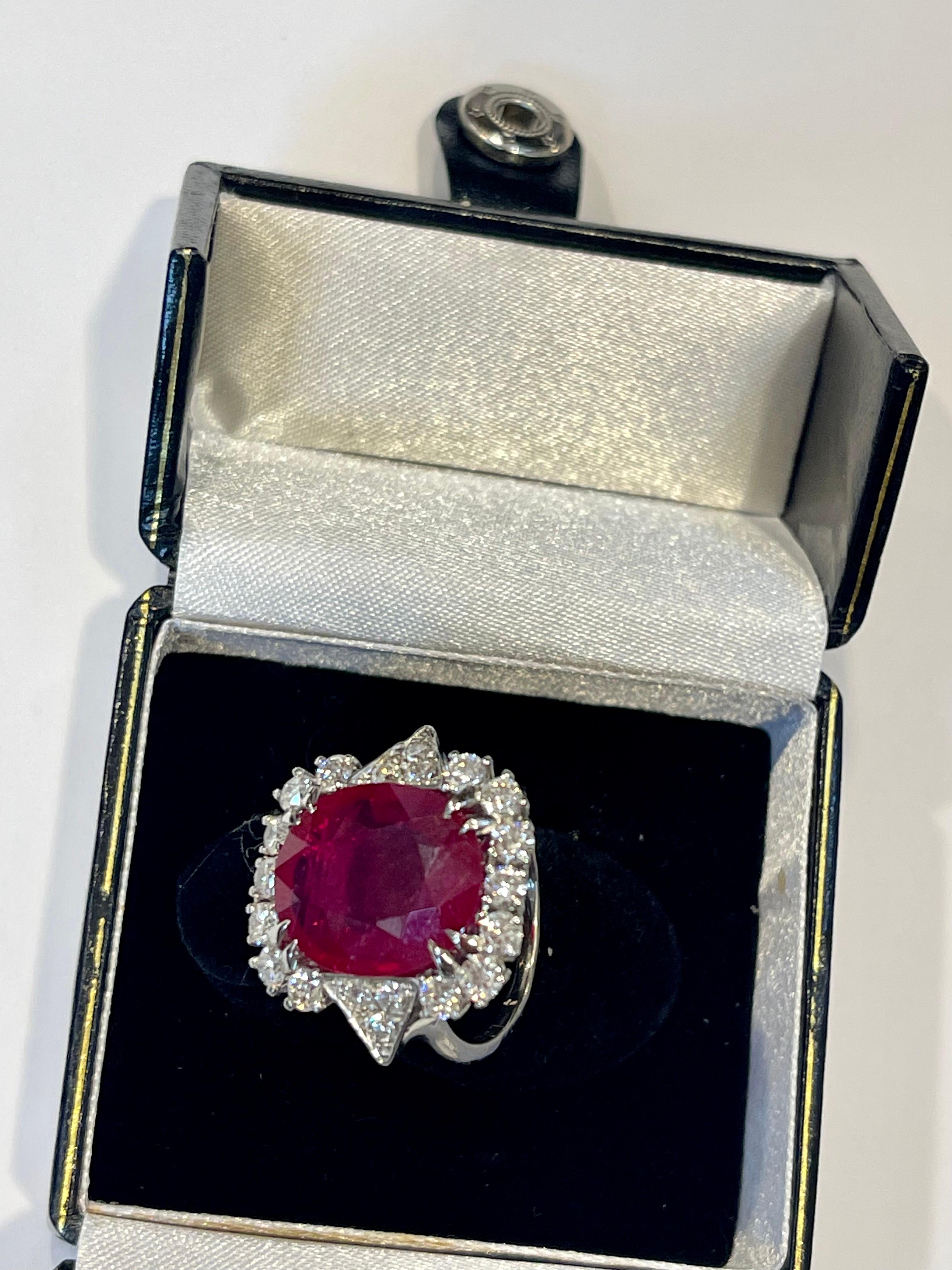 Vintage 12 Carat Emerald Cut Treated Ruby and Diamond Ring in Platinum 4