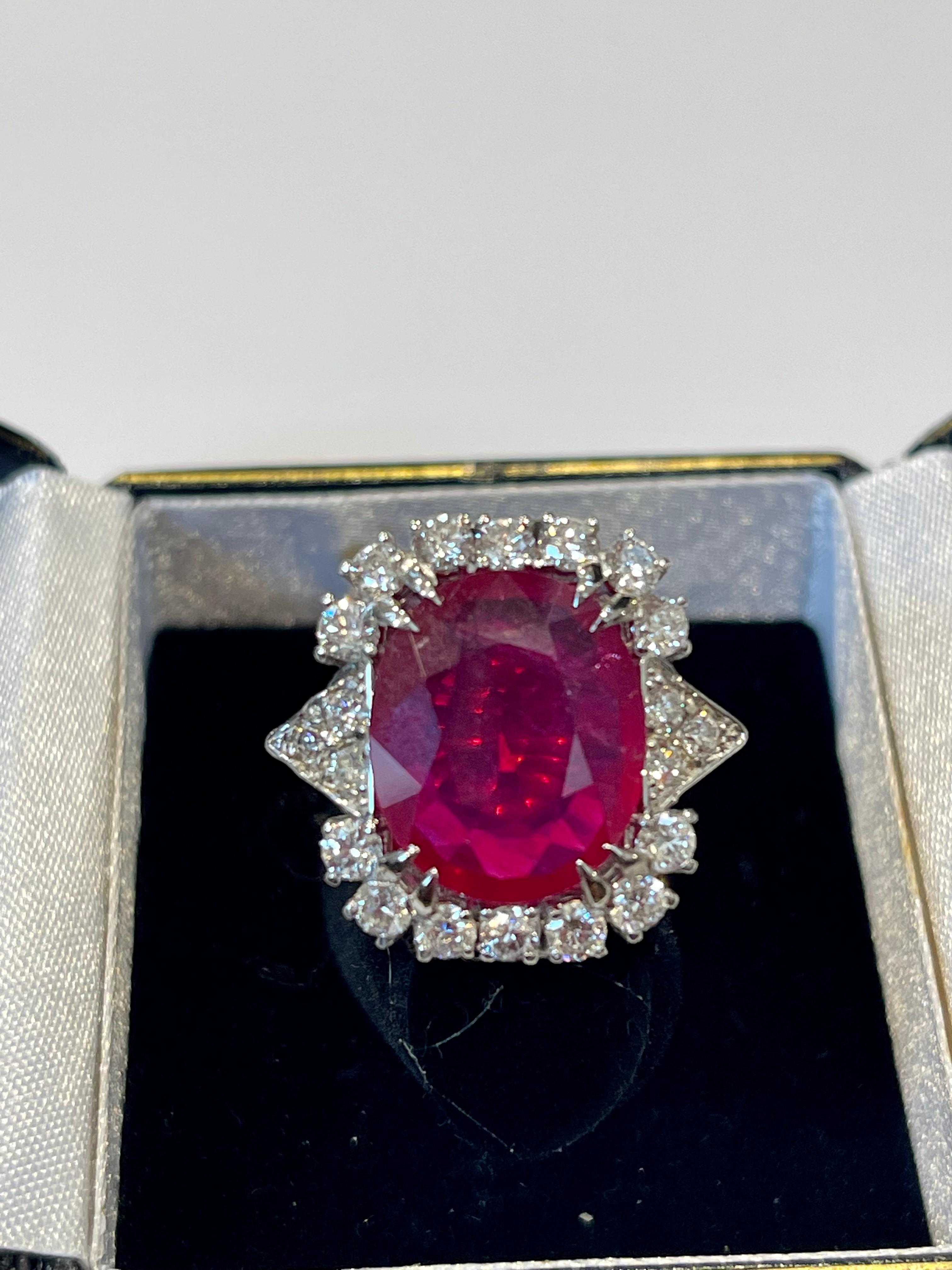 Vintage 12 Carat Emerald Cut Treated Ruby and Diamond Ring in Platinum 6