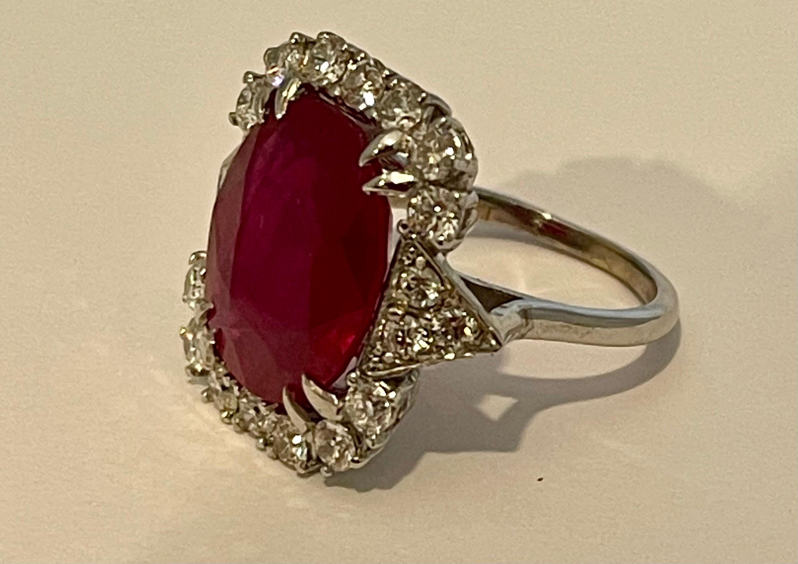 Vintage 12 Carat Emerald Cut Treated Ruby and Diamond Ring in Platinum 7