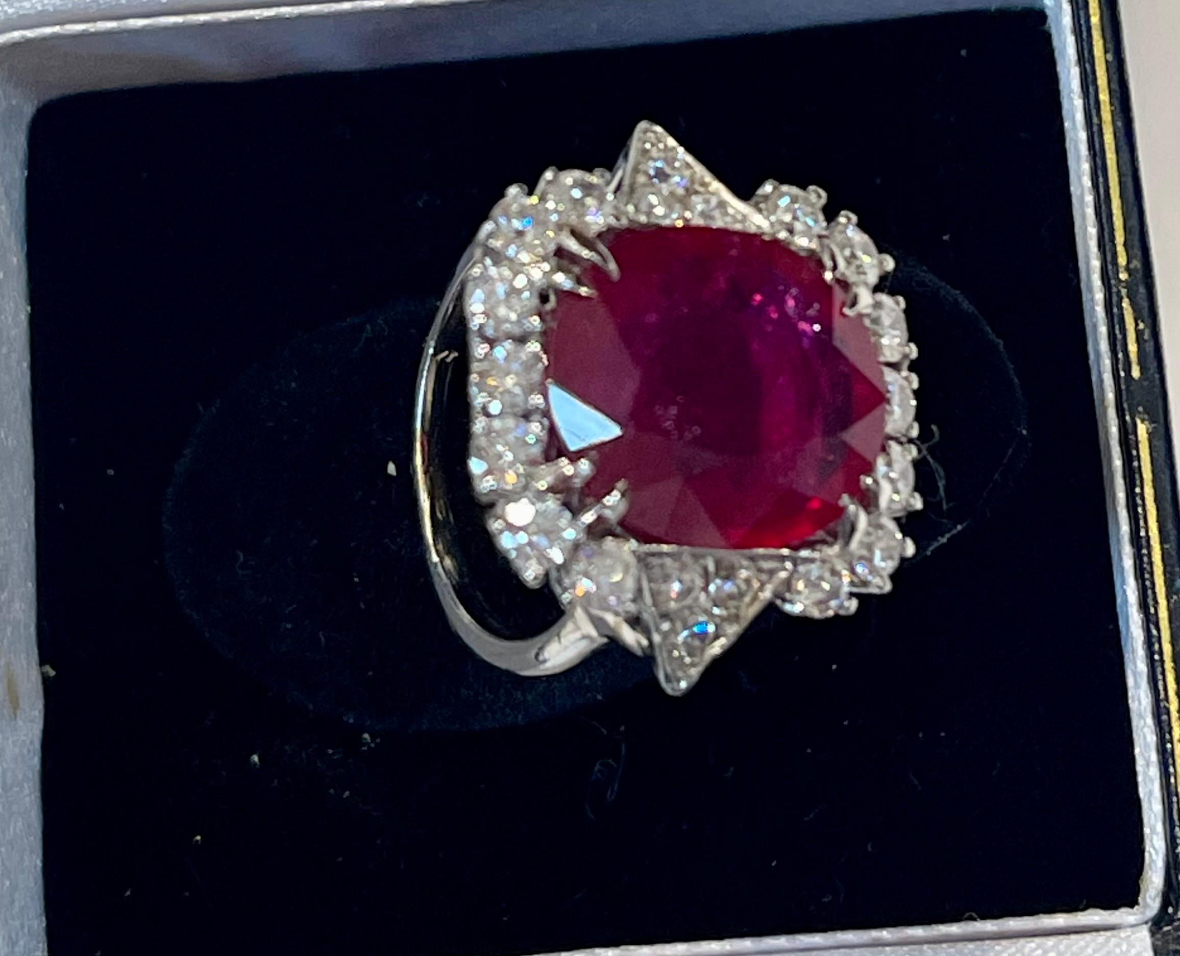 Vintage 12 Carat Emerald Cut Treated Ruby and Diamond Ring in Platinum 9