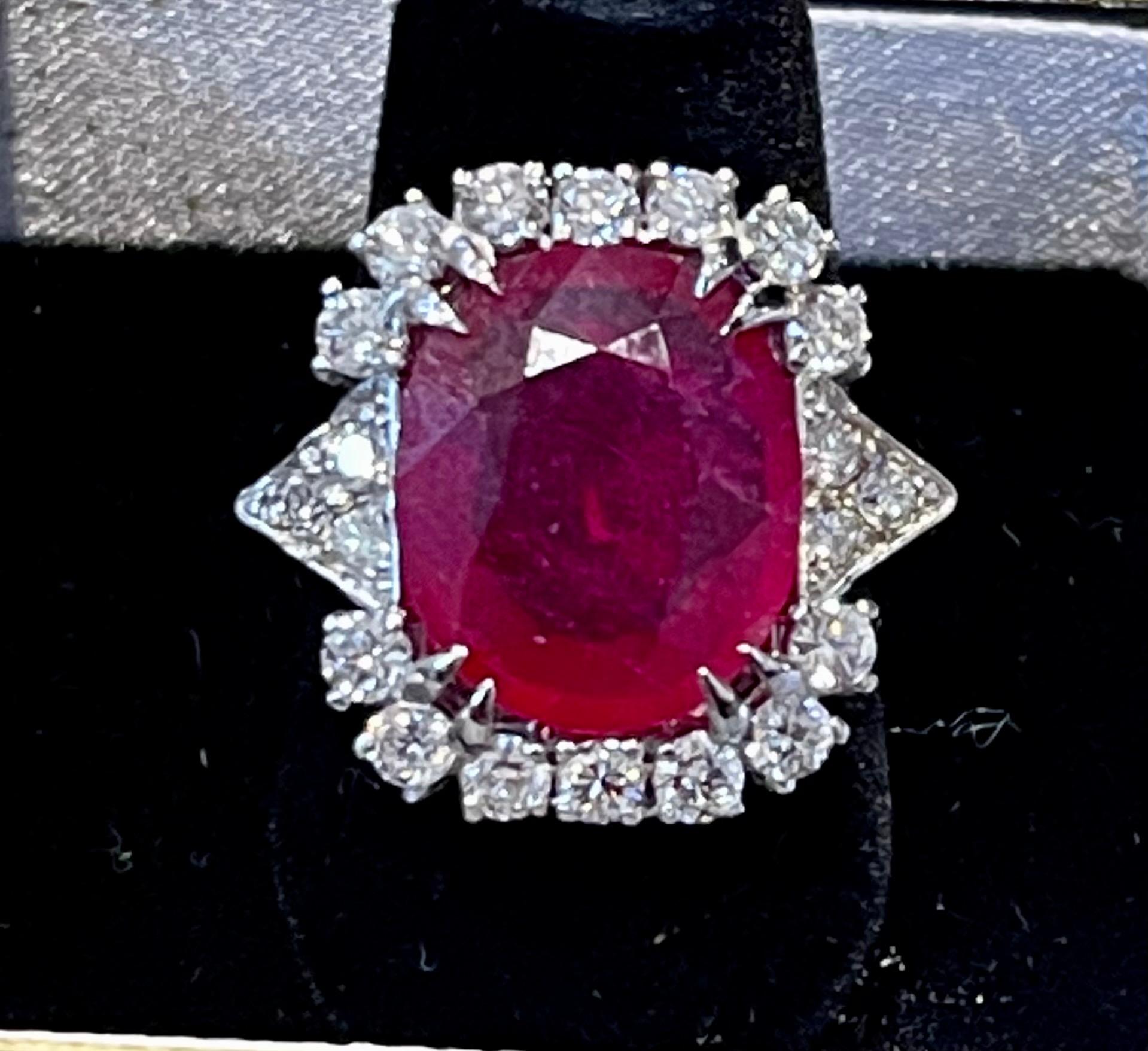 Women's Vintage 12 Carat Emerald Cut Treated Ruby and Diamond Ring in Platinum