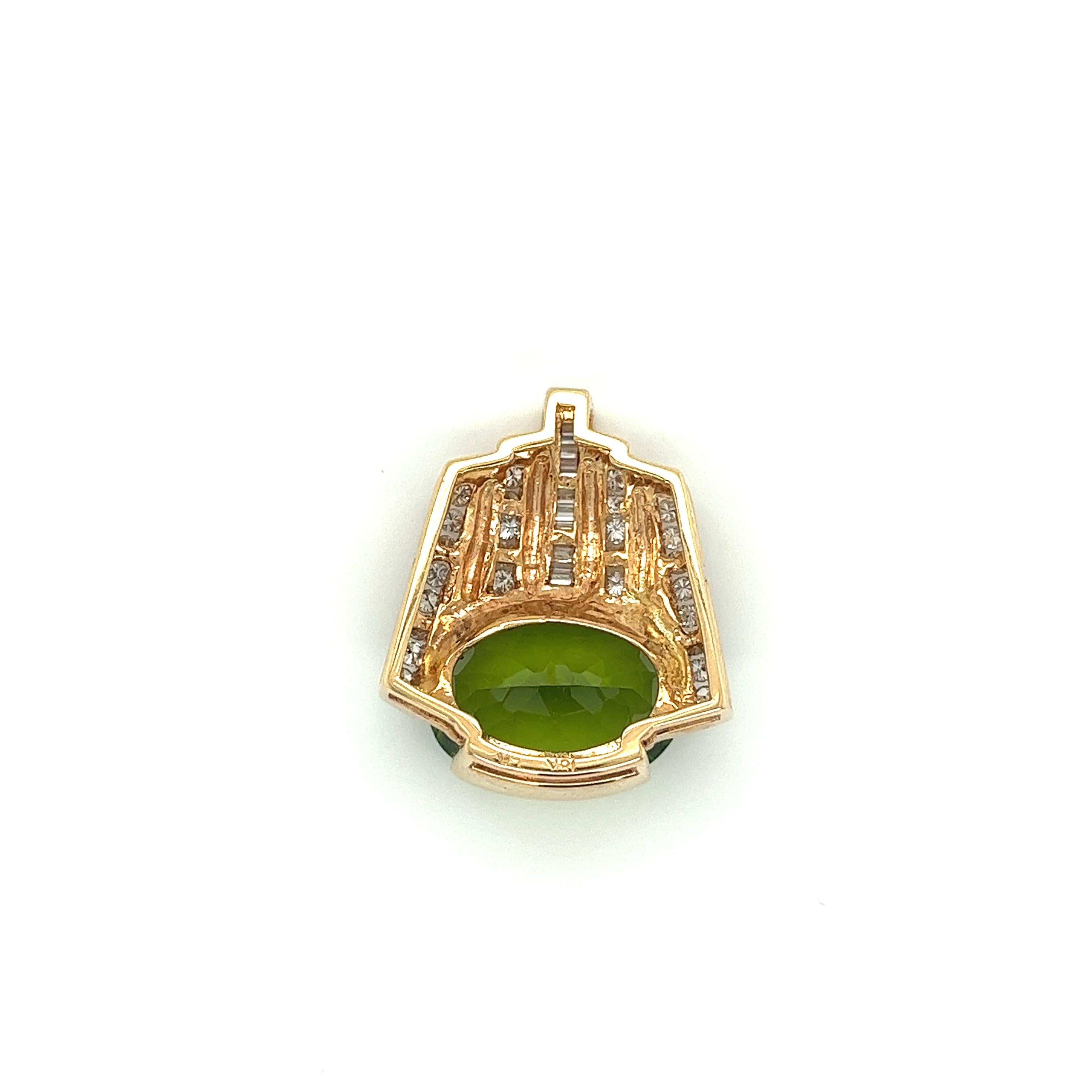 Oval Cut Vintage 12 Carat Green Peridot with Multi Cut Diamonds in 18K Two Tone Gold For Sale