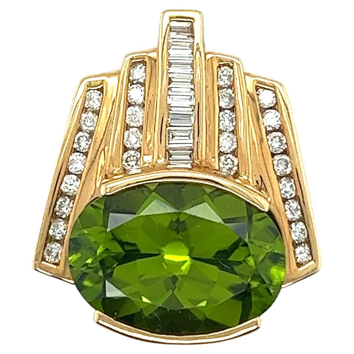 Vintage 12 Carat Green Peridot with Multi Cut Diamonds in 18K Two Tone Gold  For Sale