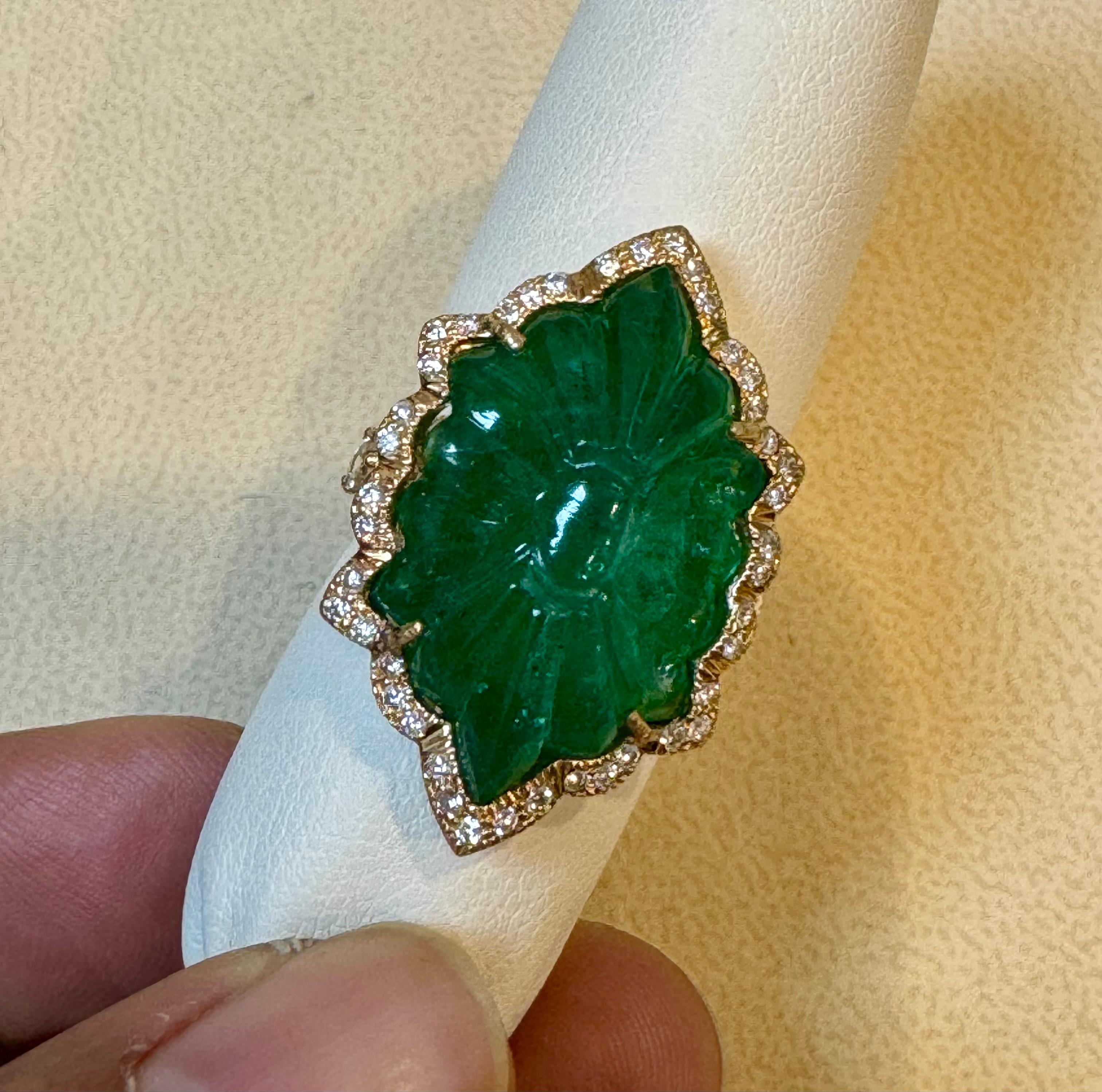 Vintage 12 Ct Natural Carved Emerald & 1.5 Ct Diamond Ring 18 Kt Yellow Gold For Sale 10
