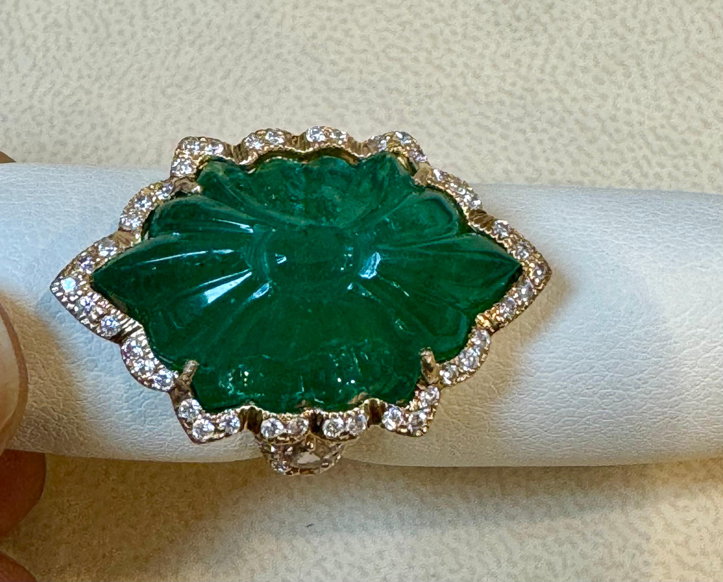 Vintage 12 Ct Natural Carved Emerald & 1.5 Ct Diamond Ring 18 Kt Yellow Gold For Sale 12