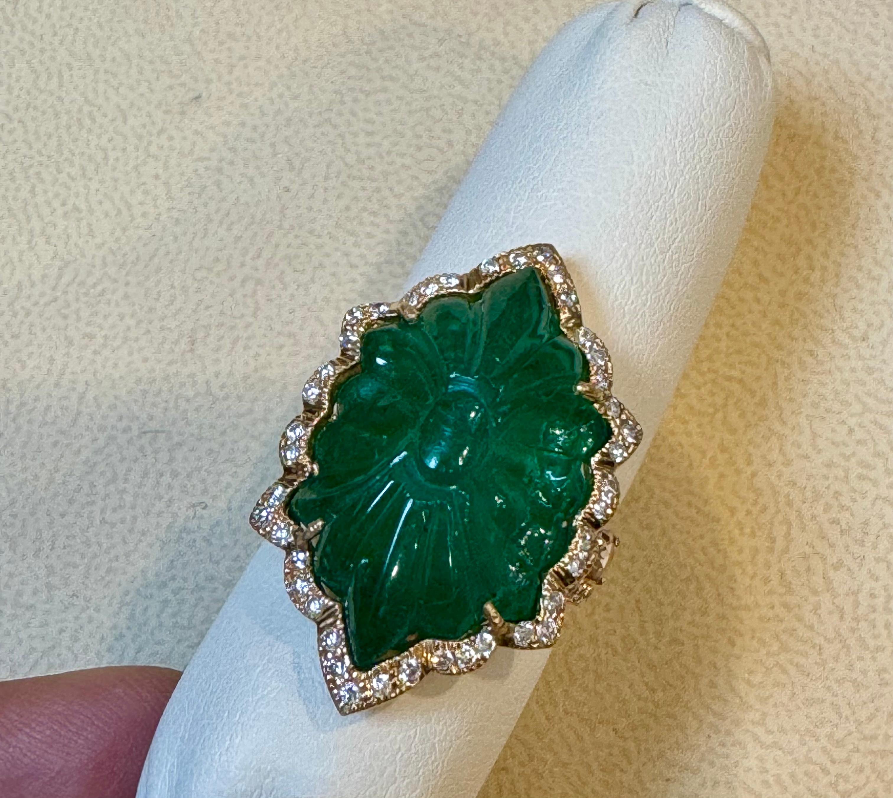 Vintage 12 Ct Natural Carved Emerald & 1.5 Ct Diamond Ring 18 Kt Yellow Gold For Sale 14