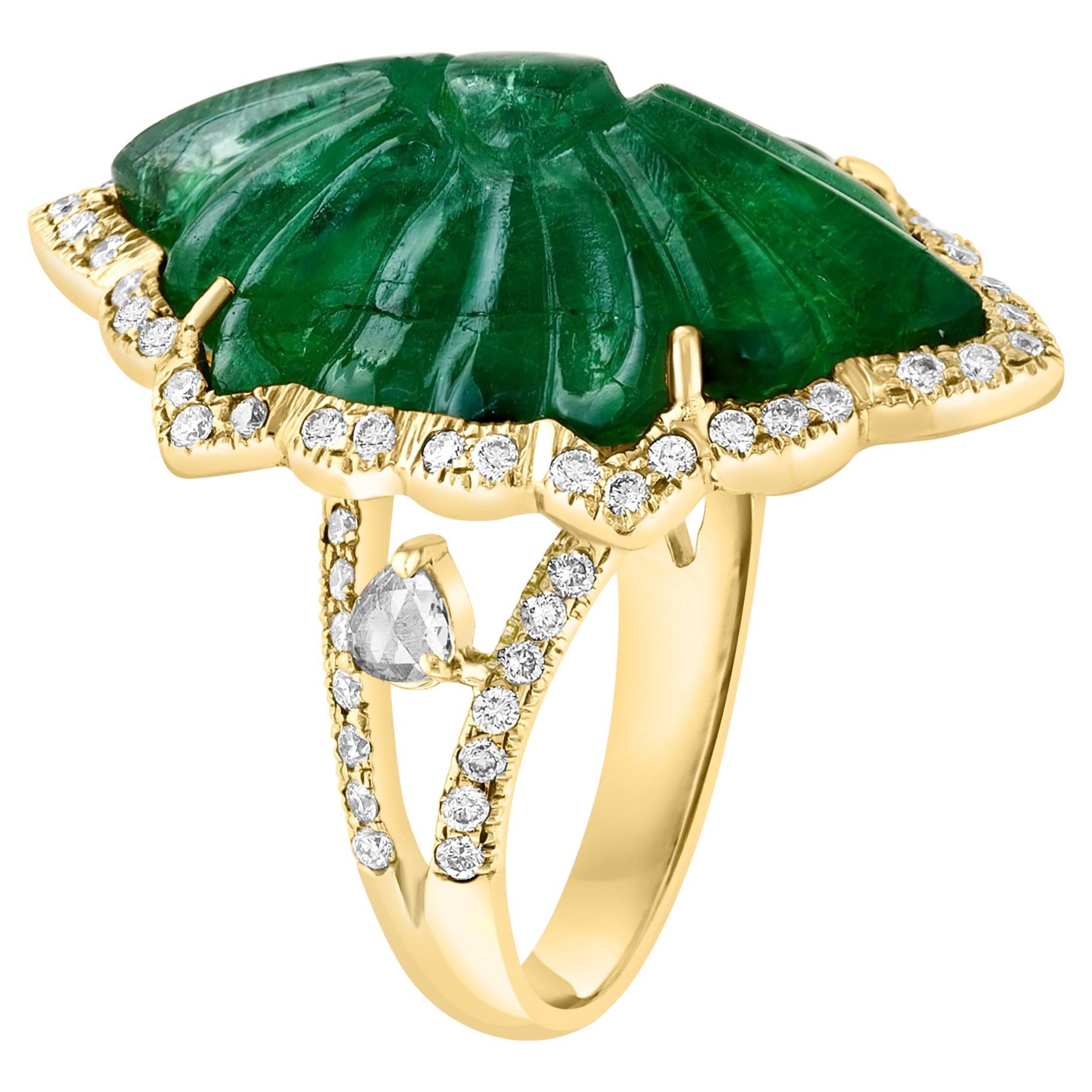 Vintage 12 Ct Natural Carved Emerald & 1.5 Ct Diamond Ring 18 Kt Yellow Gold For Sale