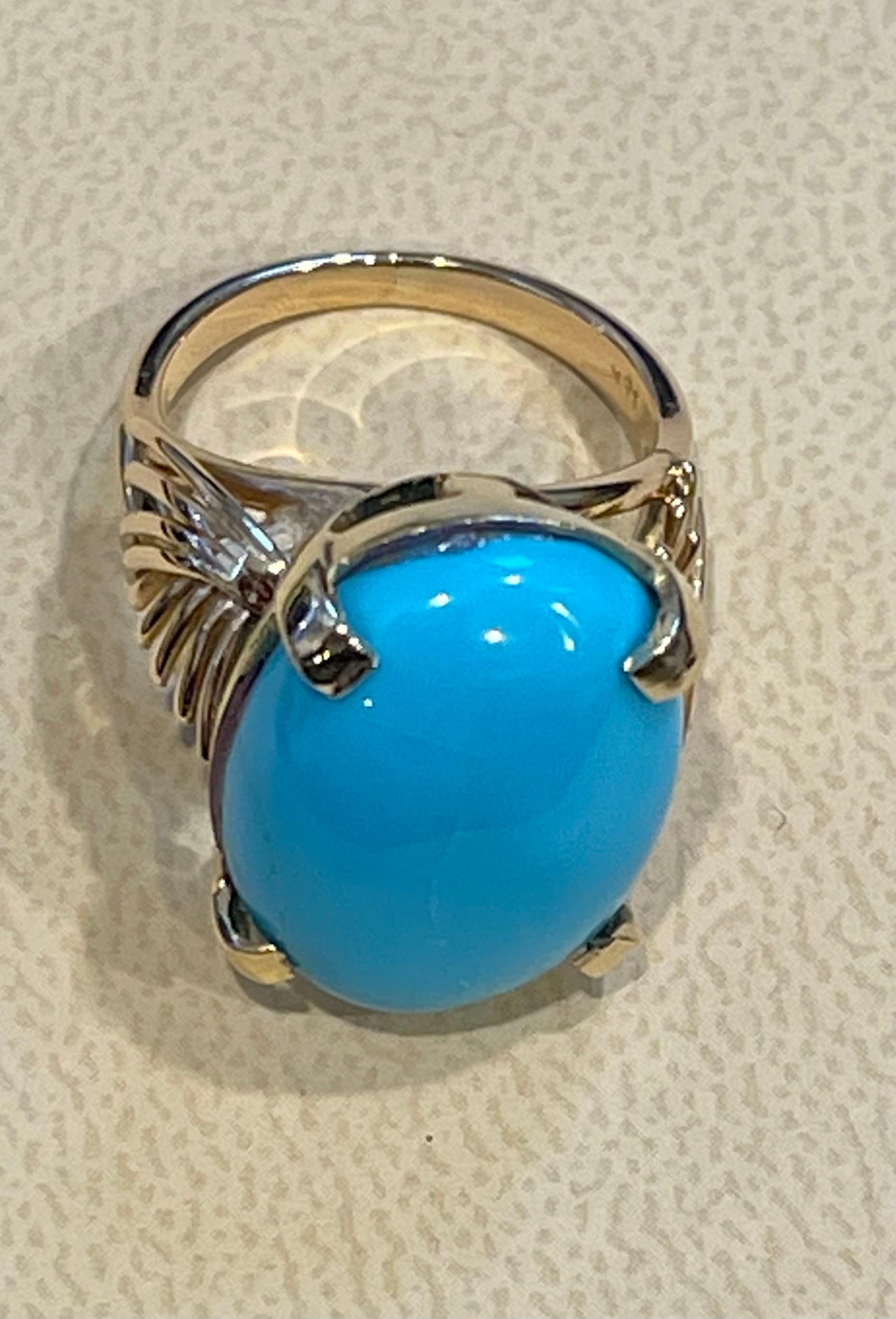 Vintage 12 Ct Natural Oval Sleeping Beauty Turquoise Ring, 14 Kt Yellow Gold For Sale 3