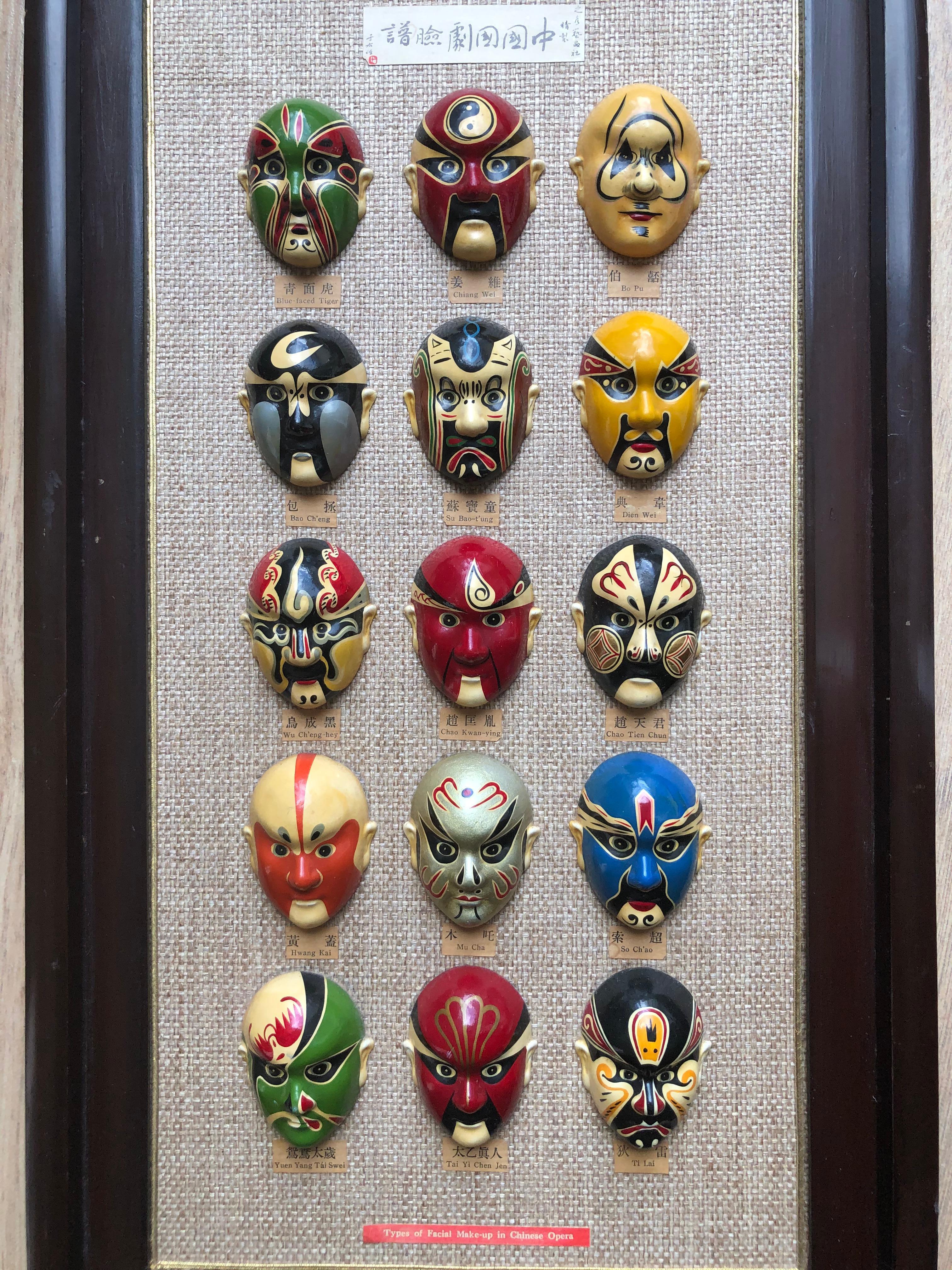 Stunning colorful lacquer hand painted vintage 12 masks Chinese wall hanging. This is from the 1960s and is signed with a description attached to the back pictured in the photos.
Great object of art for wall hanging. 

       
