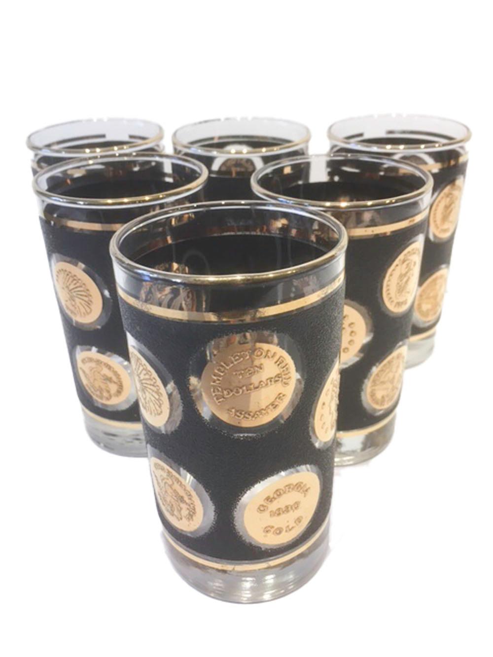 Américain Suite de bar de 12 pièces Libbey, pièce de monnaie dorée, 6 verres longs, 6 verres Rocks en vente