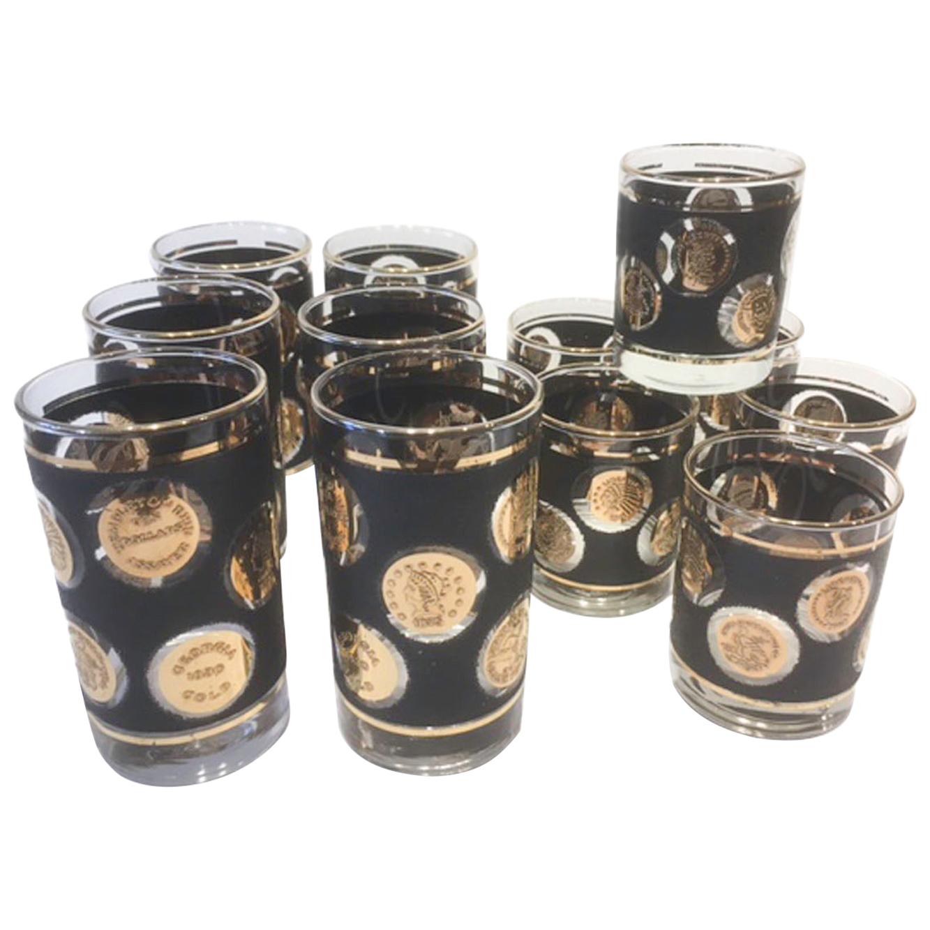 Vintage Black and Gold Coin Mid Century Tom Collins Glasses, Set