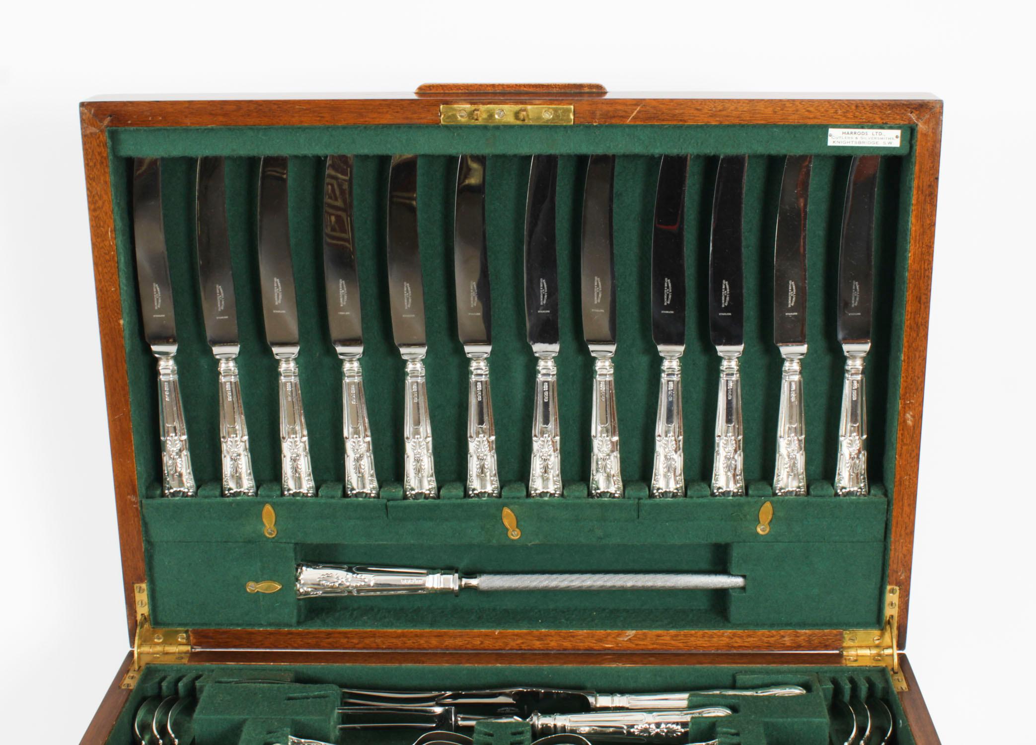 Argento 925 Vintage 12 Place Kings Pattern Sterling Silver Cutlery by Harrods 20th Century in vendita