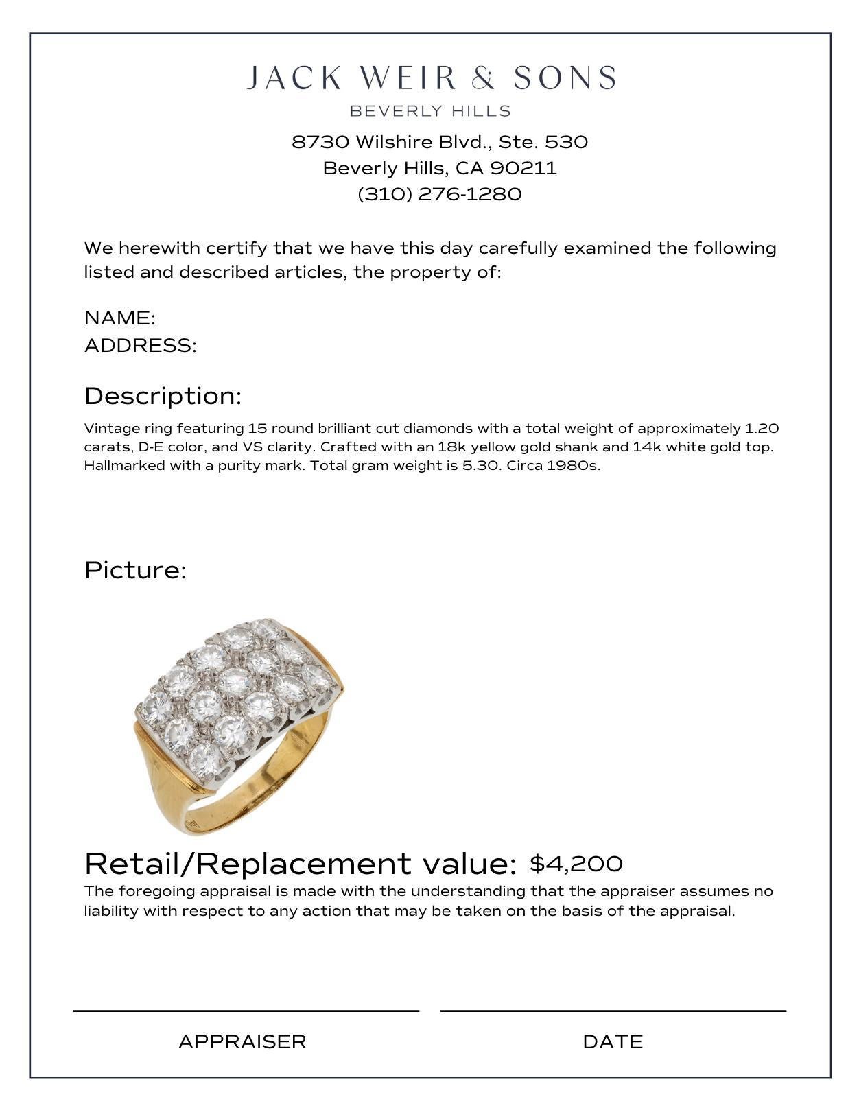 Vintage 1.20 carat diamond 18k yellow gold and 14k white gold ring In Good Condition In Beverly Hills, CA