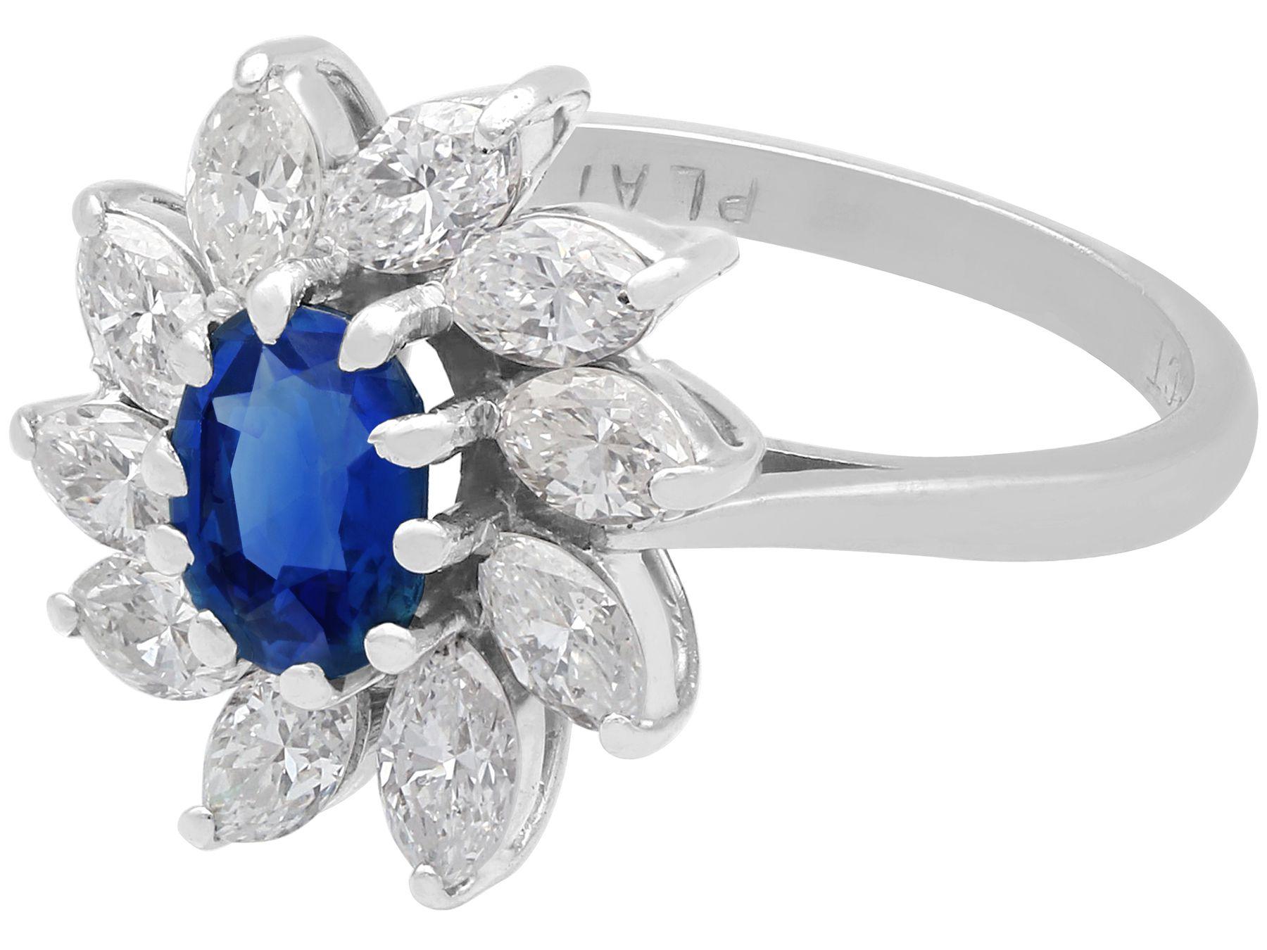 Oval Cut Vintage 1.20 Carat Sapphire and 2.25 Carat Diamond White Gold Cluster Ring