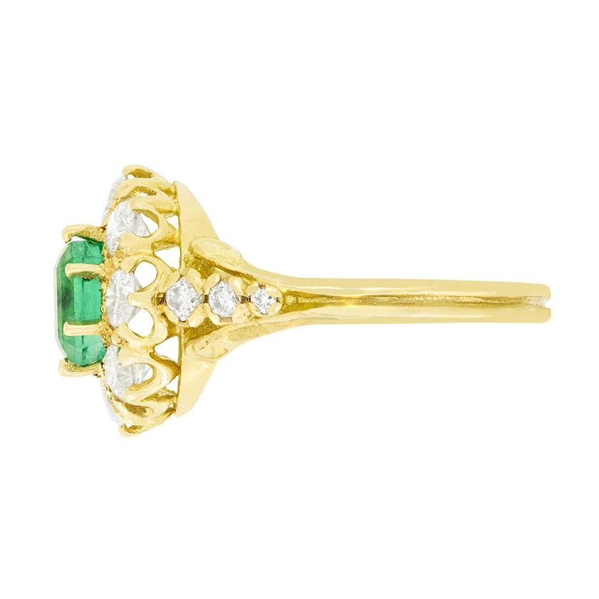 Emerald Cut Vintage 1.20ct Emerald and Diamond Cluster Ring, c.1970s For Sale