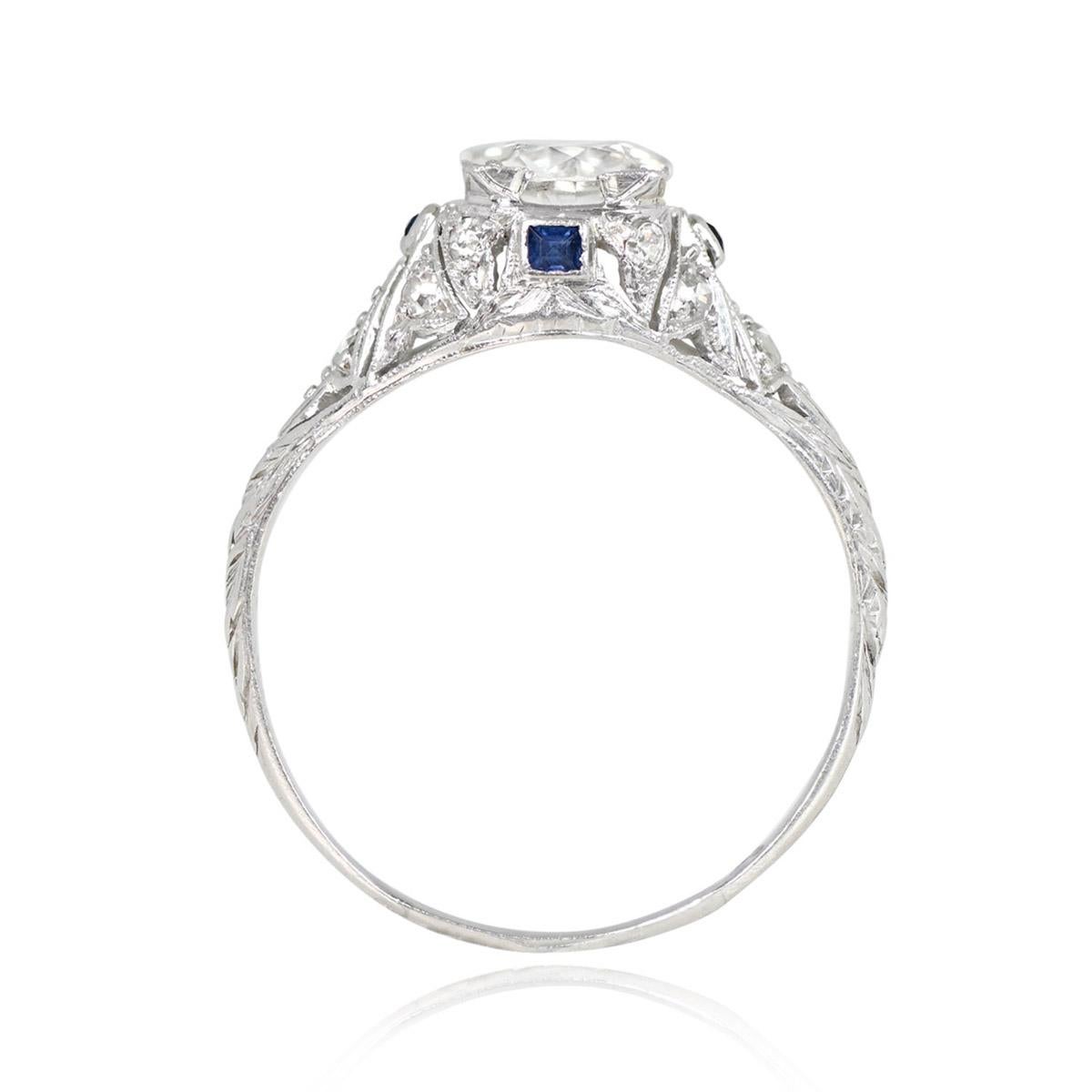 An impressive original Art Deco diamond engagement ring that centers a 1.20-carat old European cut diamond, J color, and SI2 clarity. The center diamond is set in box prongs and hand-crafted in a platinum mounting.  The shank features beautiful hand