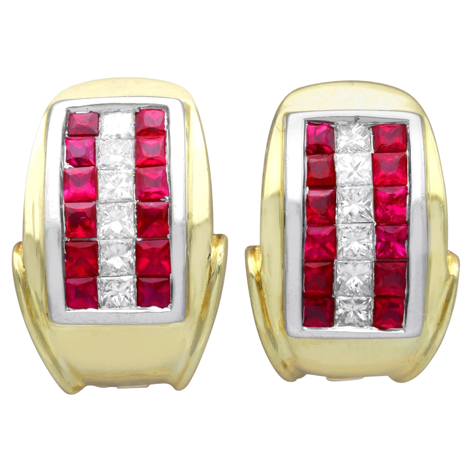 Vintage 1.22 Carat Ruby 0.50 Carat Diamond 18k Yellow Gold Earrings Circa 1990 For Sale