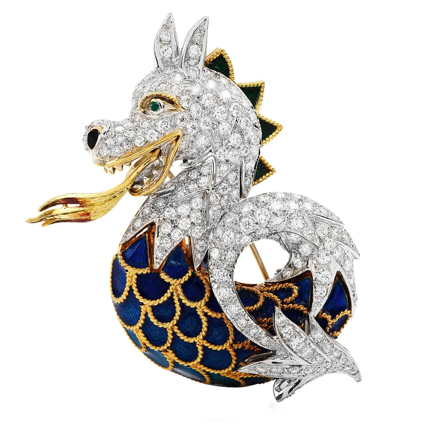 Bring a dash of color to your wardrobe with this unique Vintage Diamond Enamel 18K Gold Unique Dragon Pin Brooch

weighing approximately 43.6 grams.
Expertly Handcrafted in solid heavy 18K yellow and white, this exquisite
piece is adorned by an