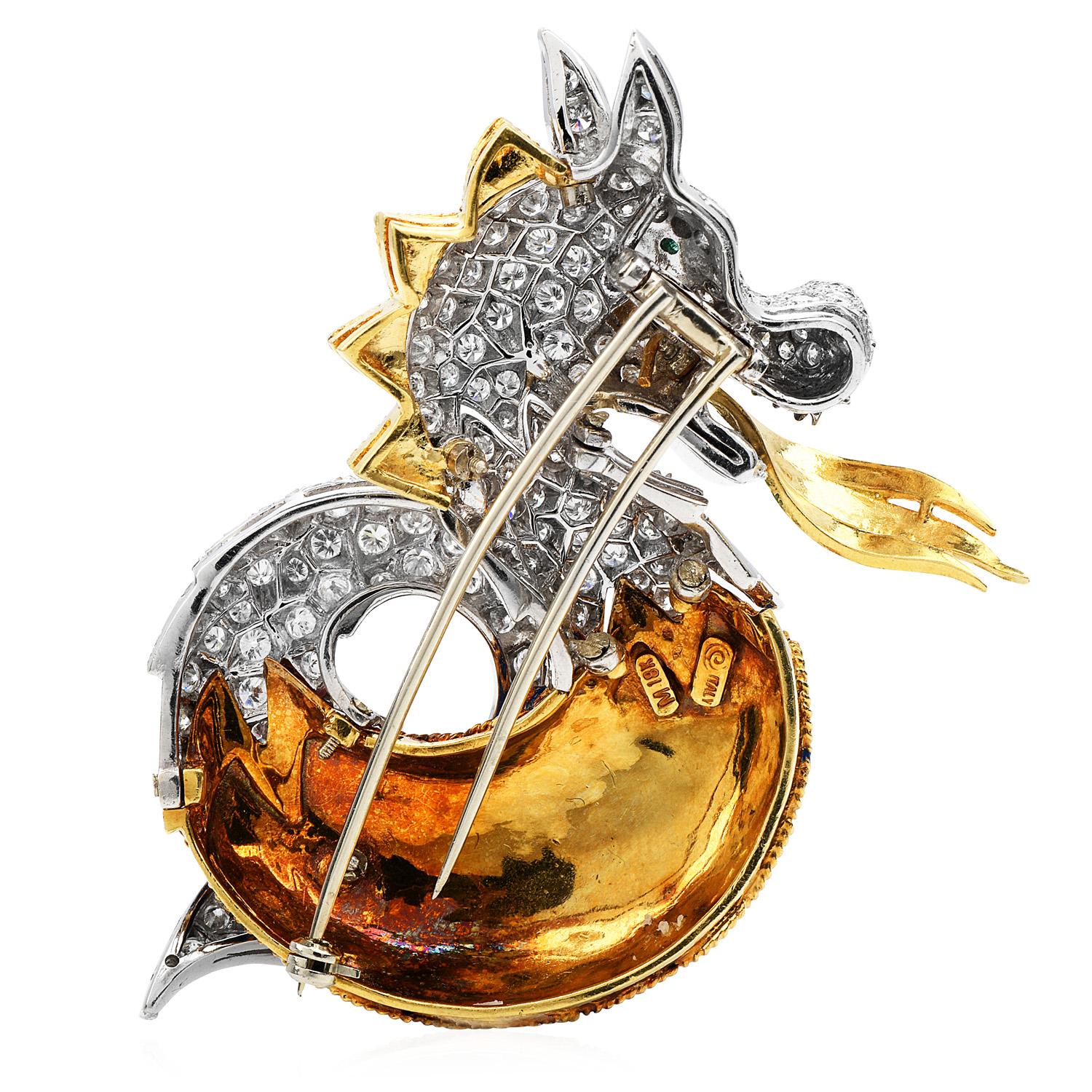 Round Cut Vintage 12.24cts Dragon Diamond Enamel 18K Gold Animal Pin Brooch
