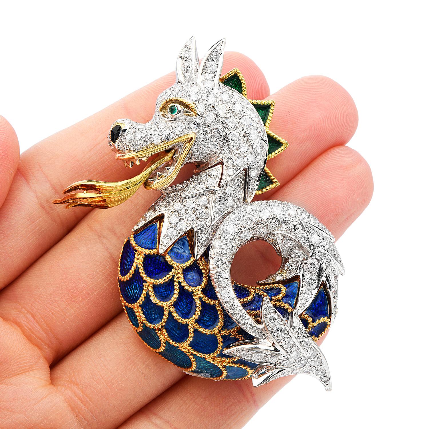Women's Vintage 12.24cts Dragon Diamond Enamel 18K Gold Animal Pin Brooch