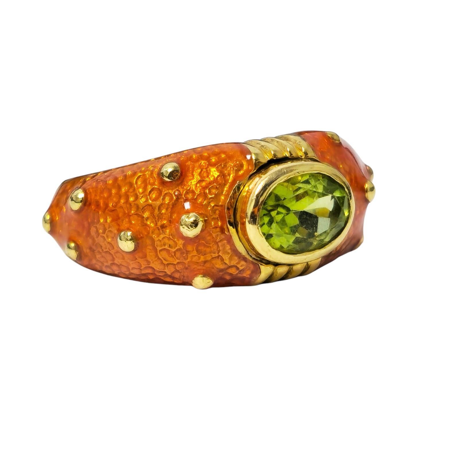 Oval Cut Vintage 1.22ct Green Peridot in Yellow Gold Ring with Orange Enamel For Sale