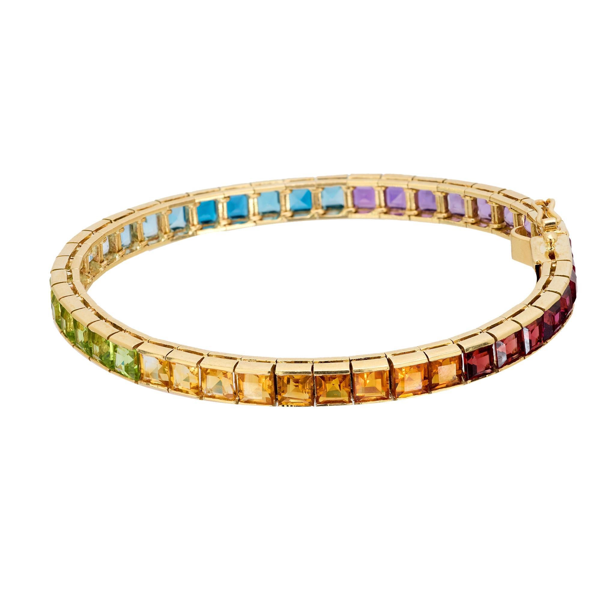 Modern Vintage 12.30 carat multicolor tourmaline 14k yellow gold tennis line bracelet