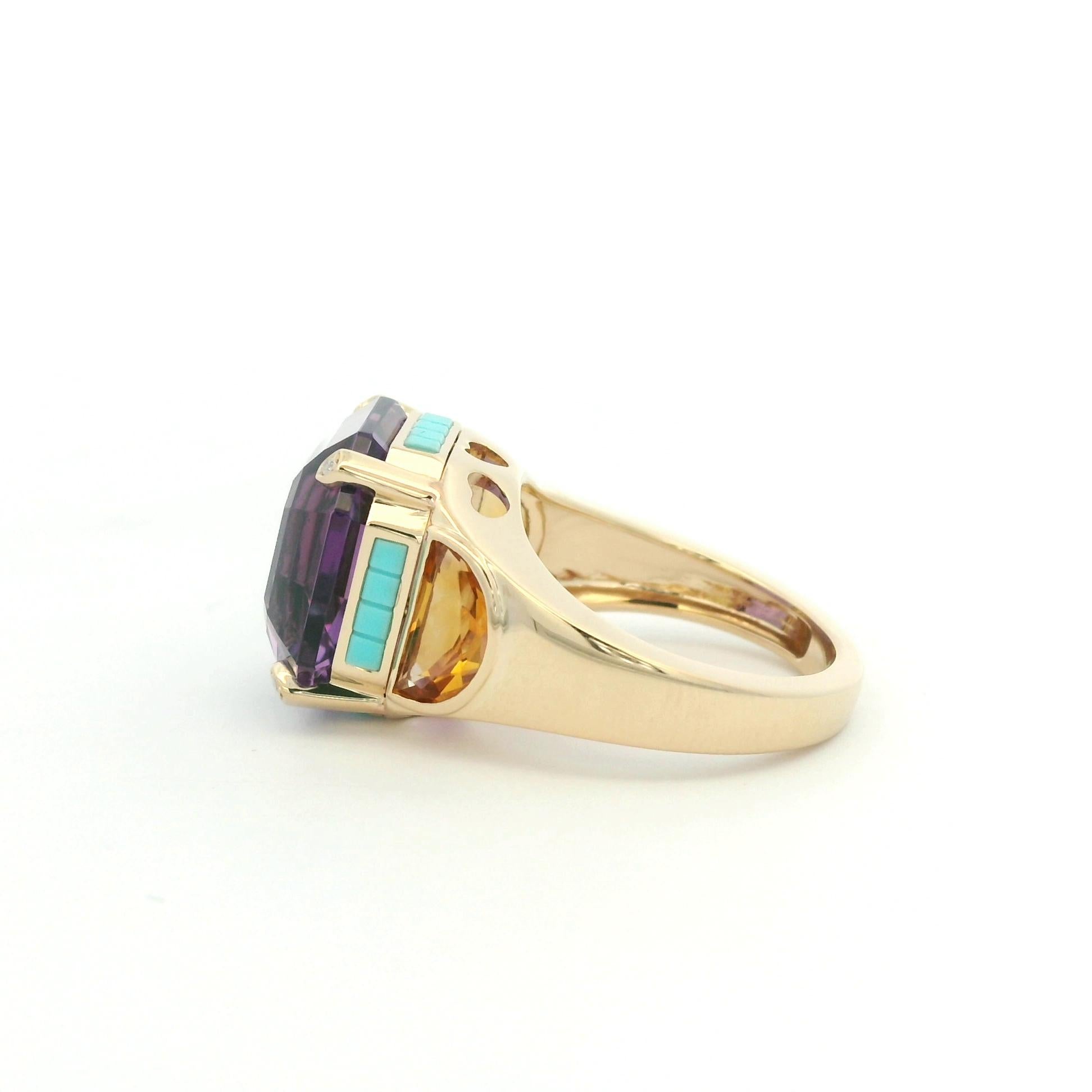 De las mujeres Anillo Vintage 12.33 Amatista Turquesa y Citrino en Oro Amarillo de 14 Kilates