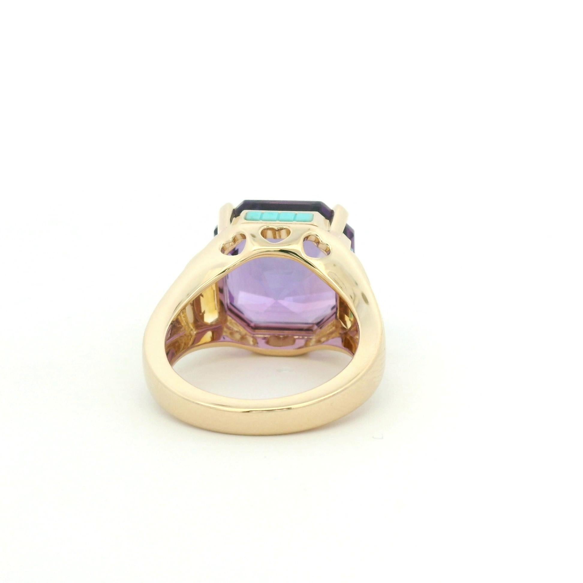 Anillo Vintage 12.33 Amatista Turquesa y Citrino en Oro Amarillo de 14 Kilates 1
