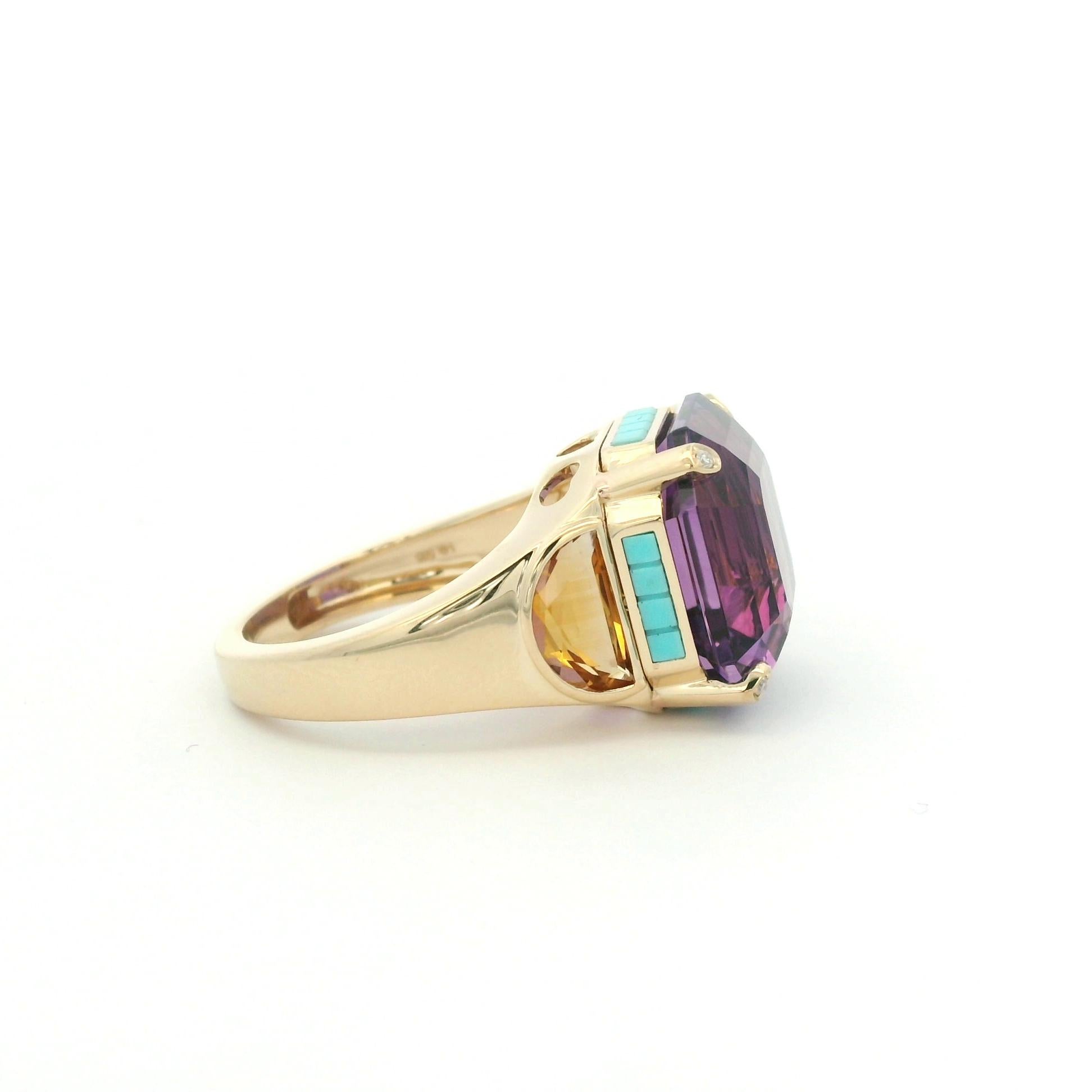 Anillo Vintage 12.33 Amatista Turquesa y Citrino en Oro Amarillo de 14 Kilates 2