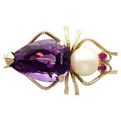 Vintage 12.39 Carat Amethyst Pearl and Ruby Yellow Gold Insect Brooch
