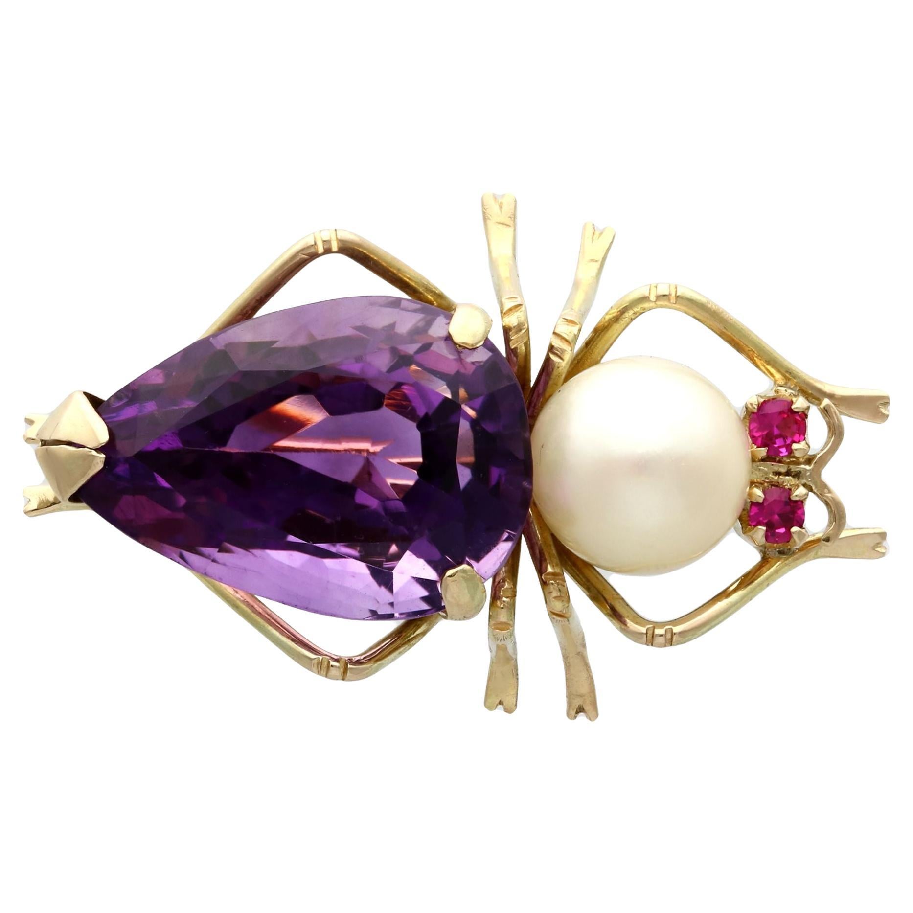 Vintage 12.39 Carat Amethyst Pearl and Ruby Yellow Gold Insect Brooch