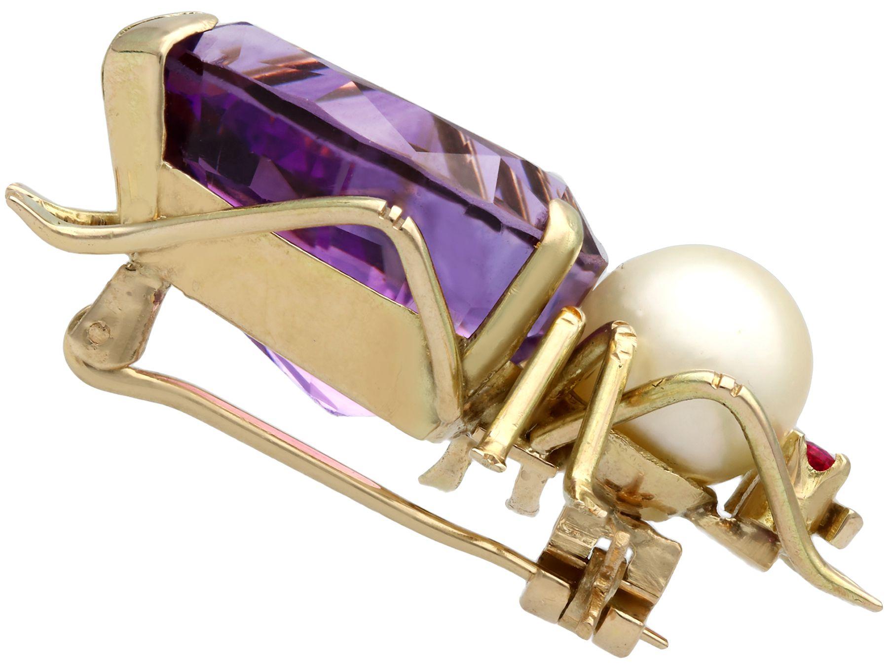 Pear Cut Vintage 12.39 Carat Amethyst Pearl and Ruby Yellow Gold Insect Brooch For Sale