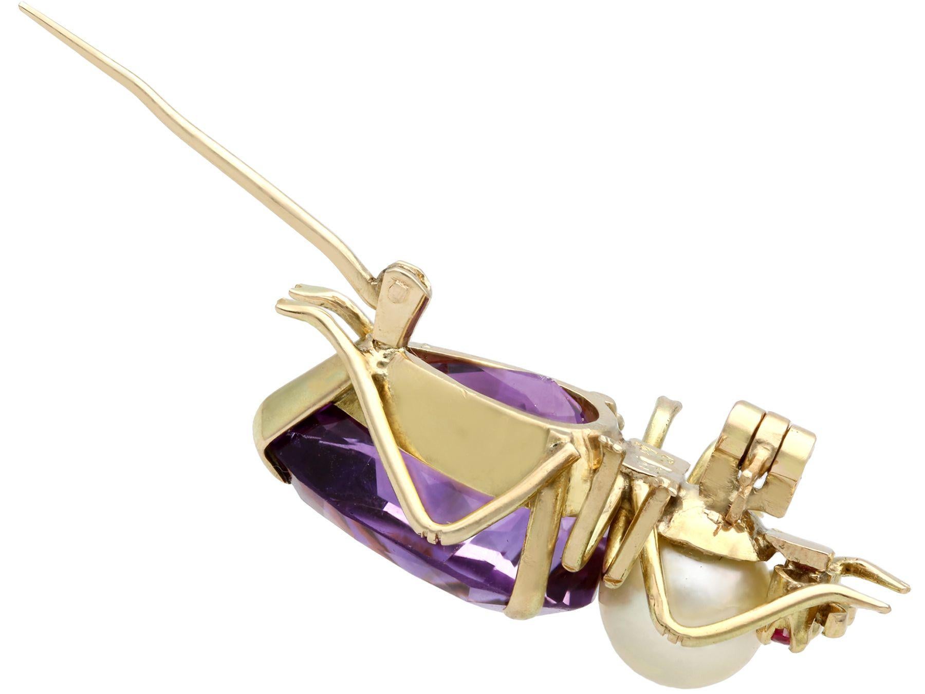 Women's or Men's Vintage 12.39 Carat Amethyst Pearl and Ruby Yellow Gold Insect Brooch For Sale