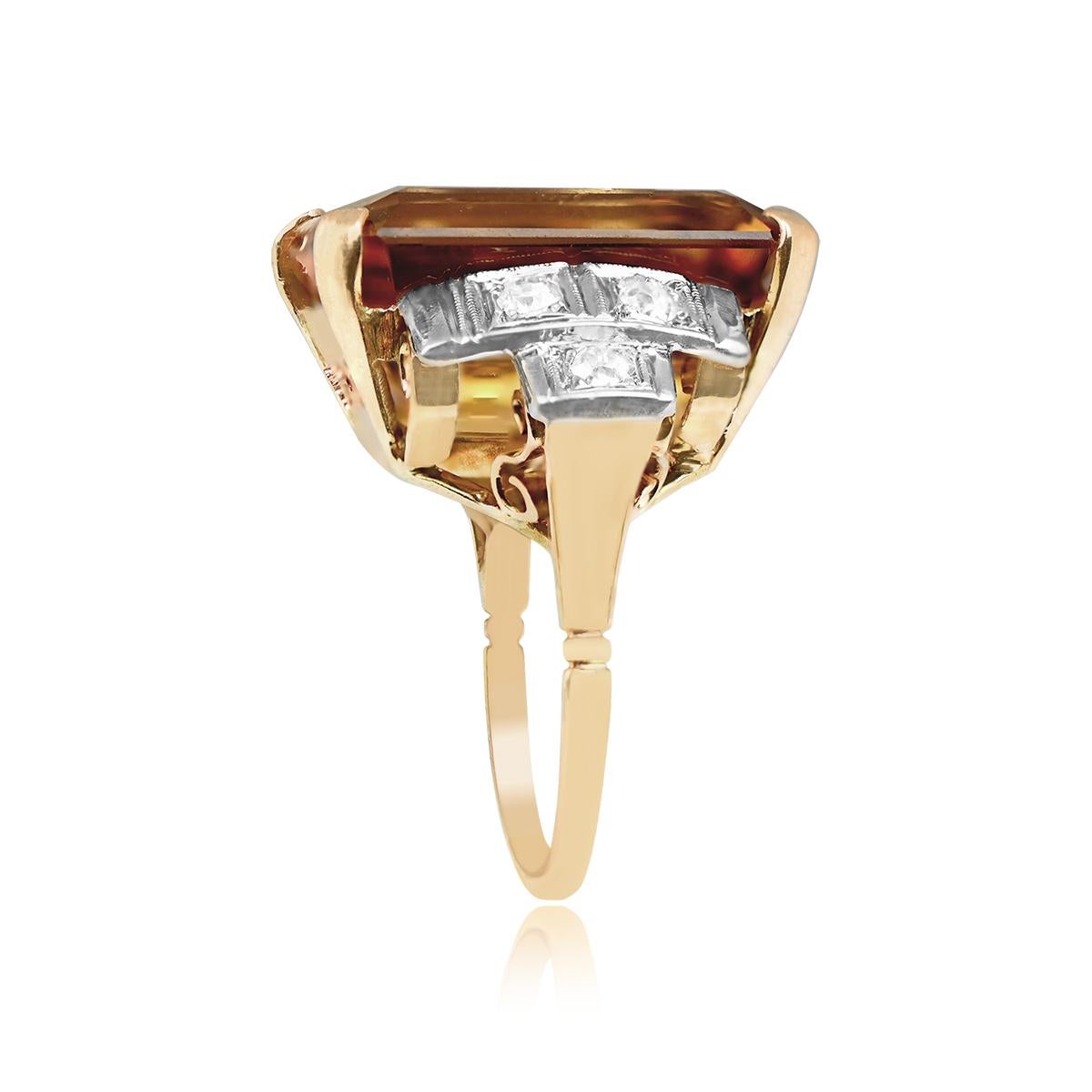 Retro Vintage 12.40ct Emerald Cut Natural Citrine Cocktail Ring, 18k Yellow Gold For Sale