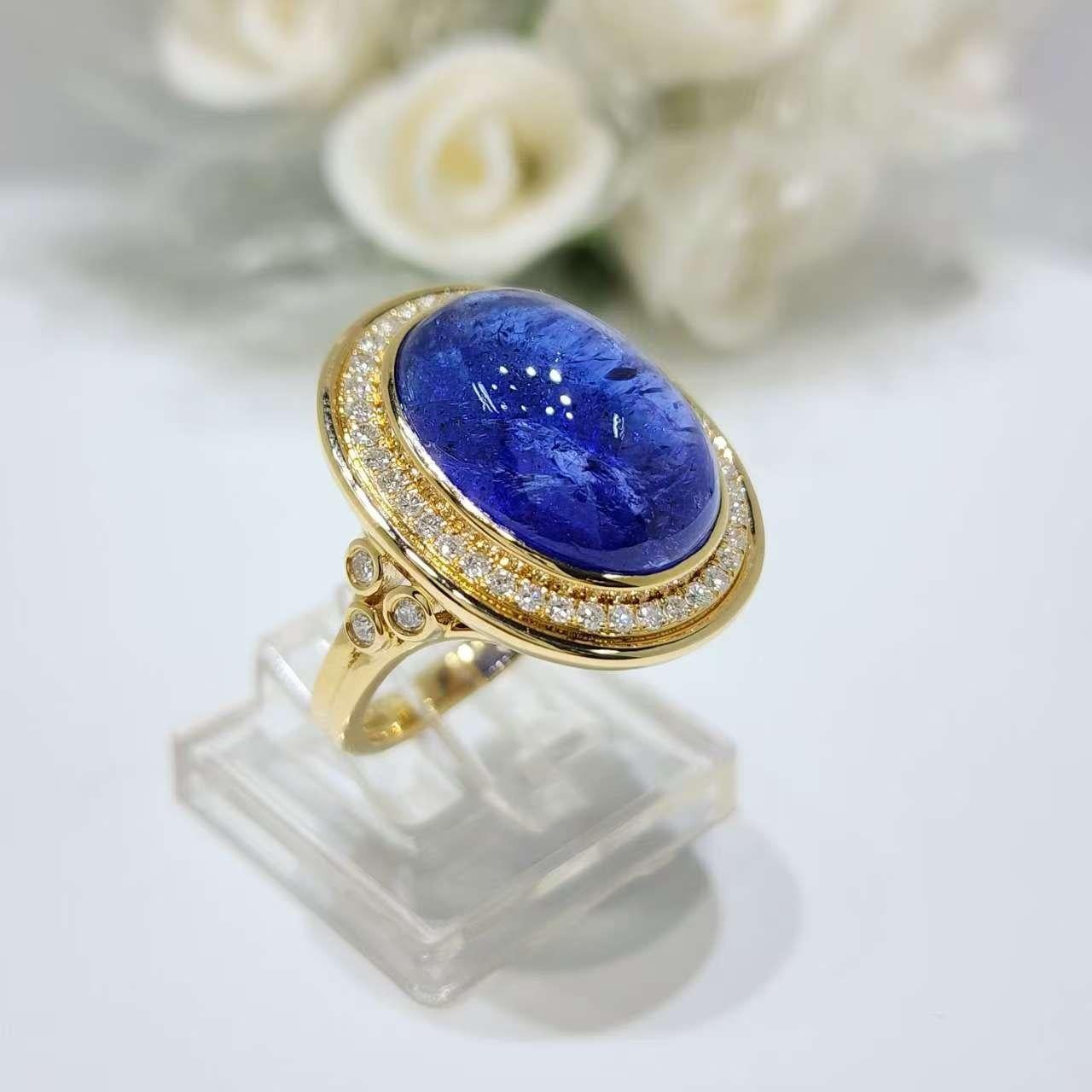 Vintage By 12,47 Karat Tansanit Diamant Ring in 18 Karat Gelbgold im Angebot 4