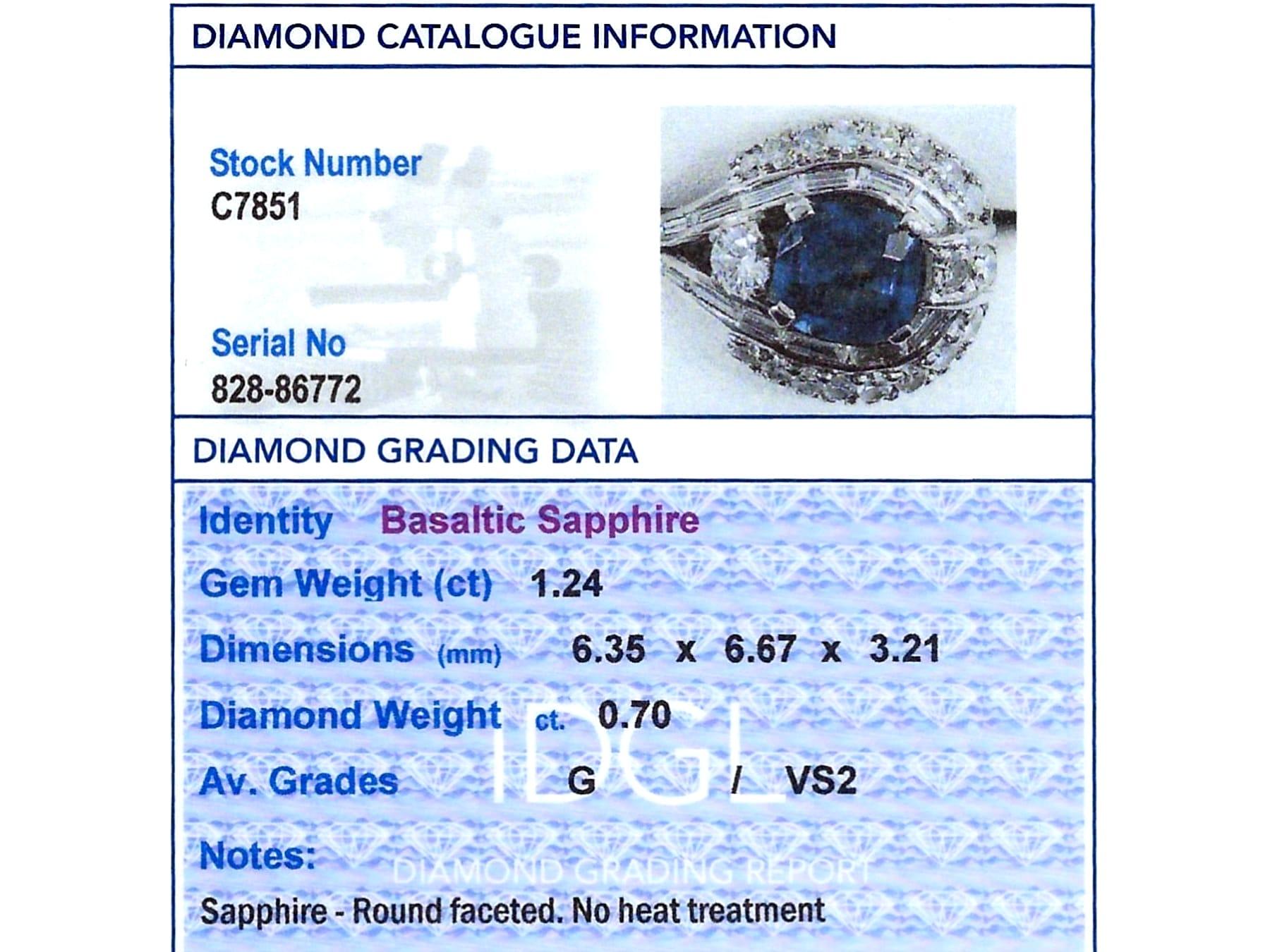 Vintage 1.24 Carat Basaltic Sapphire 0.70ct Diamond 14k White Gold Cluster Ring For Sale 2