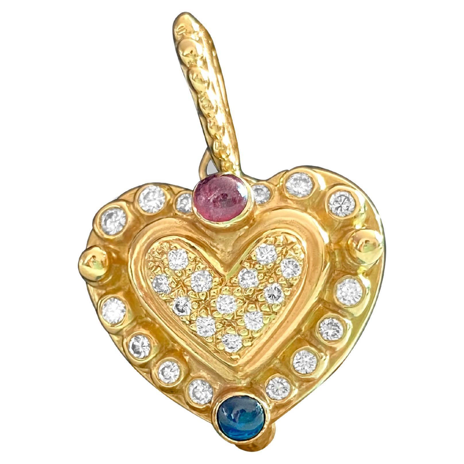 Vintage 1.25 Carat Diamond & Ruby & Sapphire 18K Gold Heart Pendant