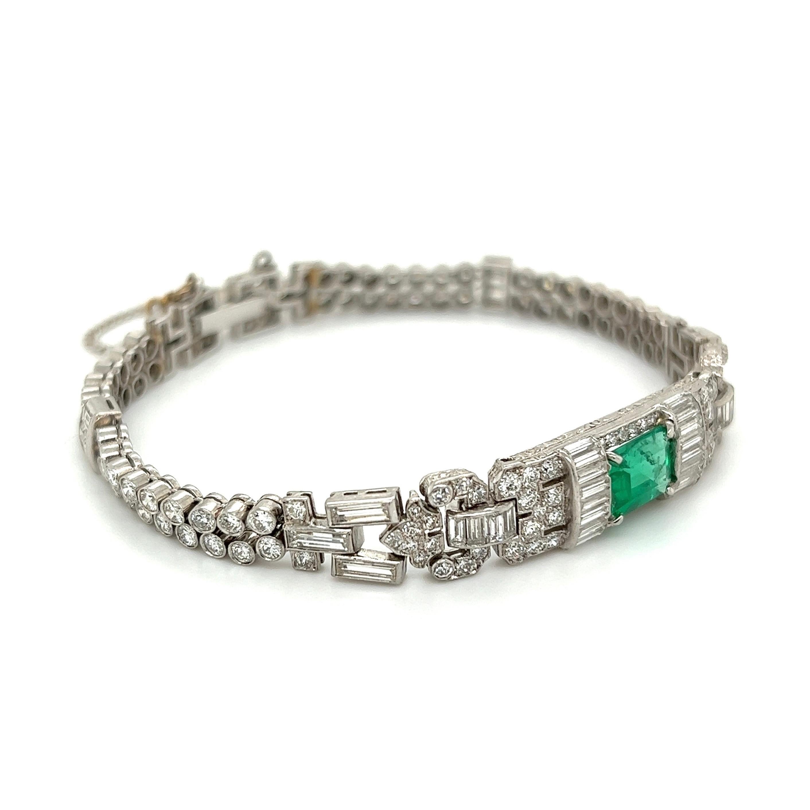 Mixed Cut Vintage 1.25 Carat Emerald and Diamond Art Deco Platinum Bracelet For Sale