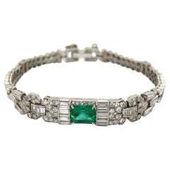 Vintage 1.25 Carat Emerald and Diamond Art Deco Platinum Bracelet